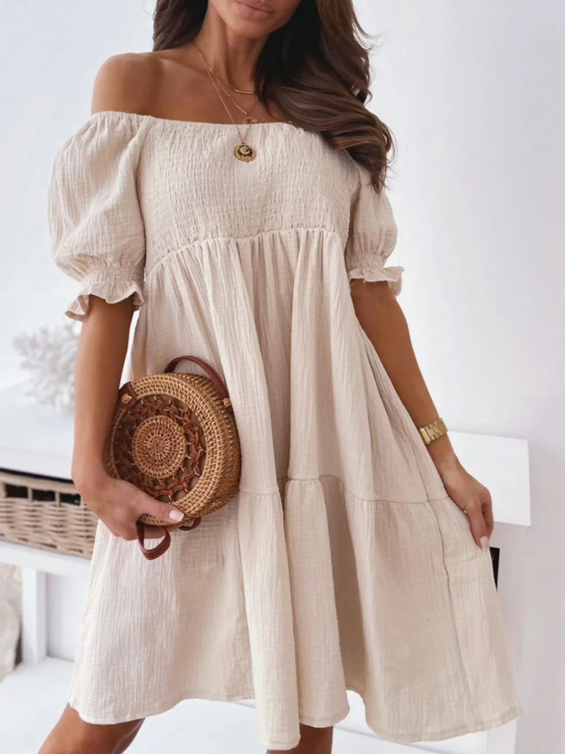 Smocked Off-Shoulder Mini Dress – Trendsi | ClozArt