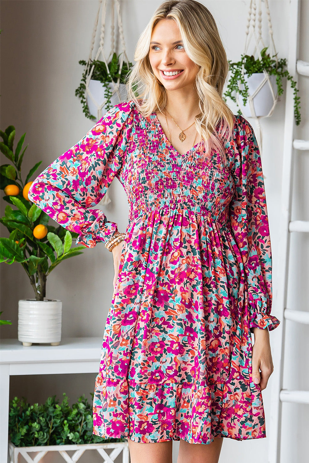 Floral Smocked V-Neck Flounce Sleeve Dress – Trendsi | ClozArt