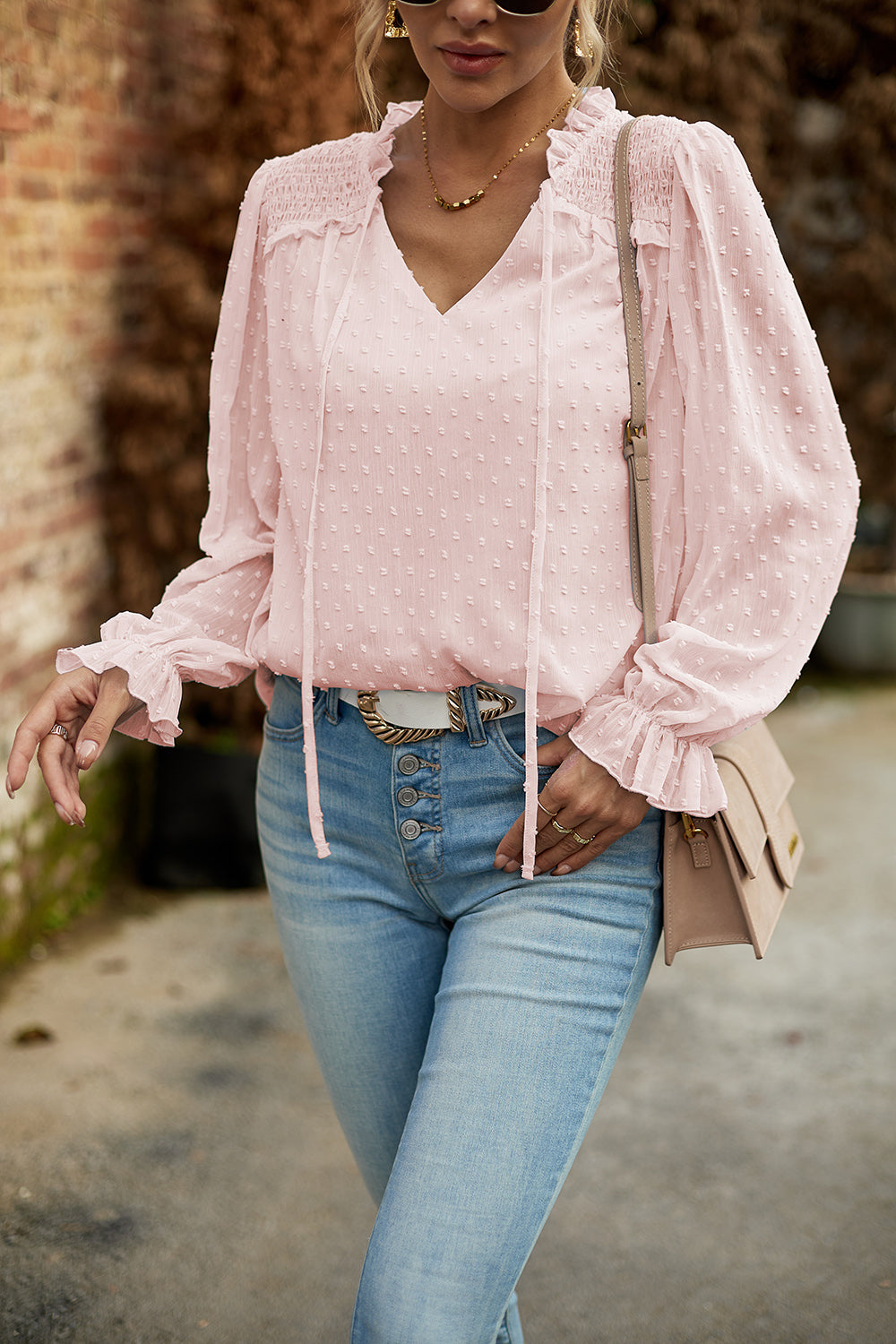 Devine Swiss Dot Smocked Shoulder Blouse – Trendsi | ClozArt