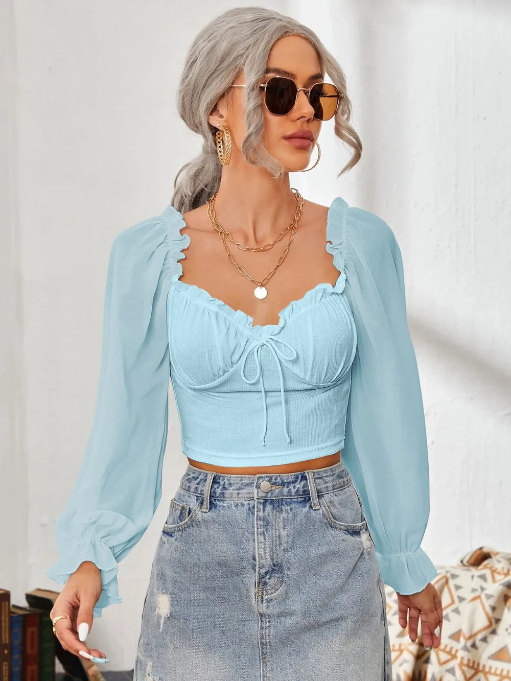 Mesh Sweetheart Neck Flounce Sleeve Top – Trendsi | ClozArt