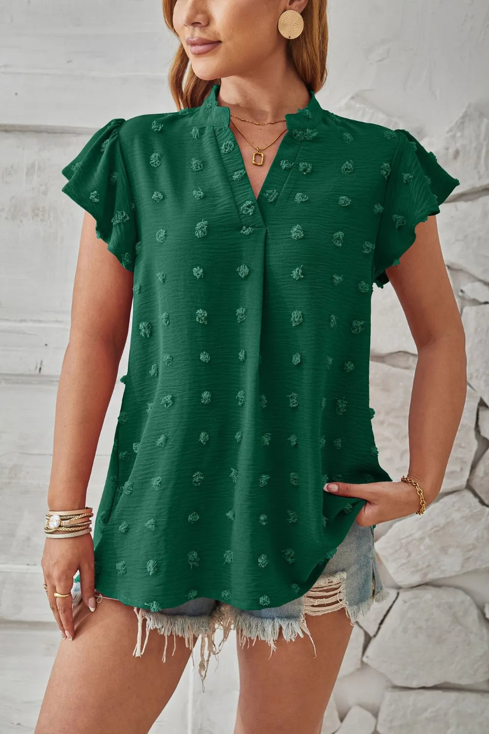 Swiss Dot Notched Cap Sleeve T-Shirt – Trendsi | ClozArt