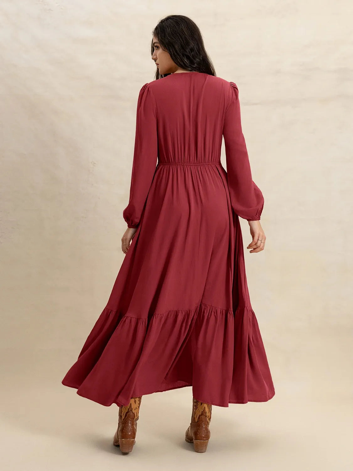V-Neck Balloon Sleeve Ruffled Hem Maxi Dress – Trendsi | ClozArt