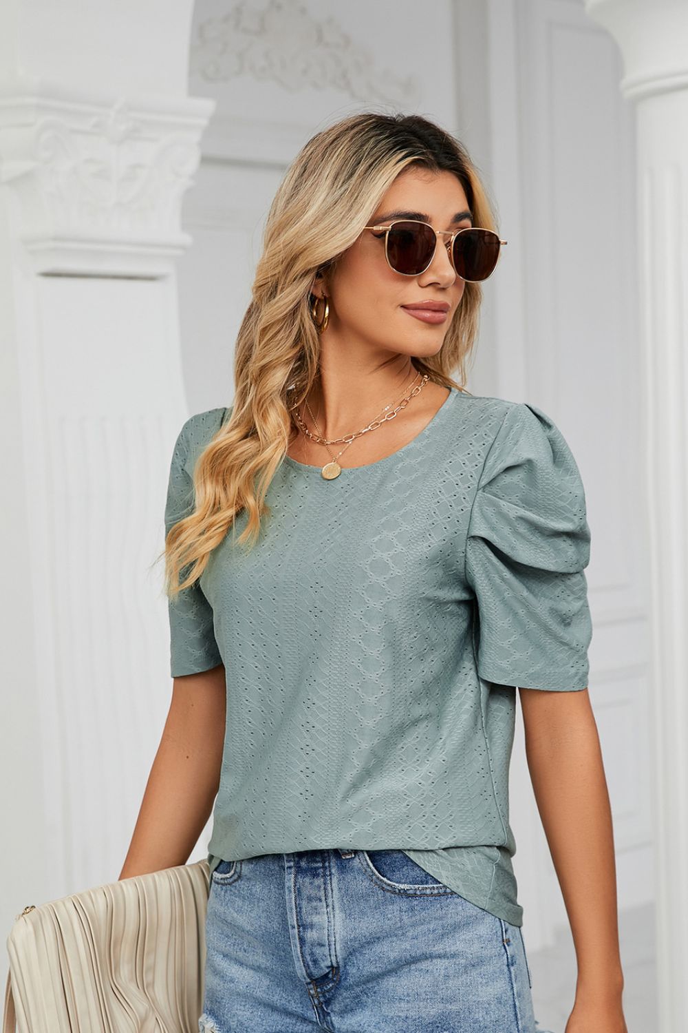 Eyelet Puff Sleeve Round Neck Blouse – Trendsi | ClozArt