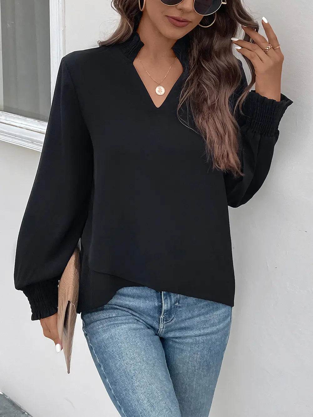 Perfee Smocked Notched Long Sleeve Blouse – Trendsi | ClozArt