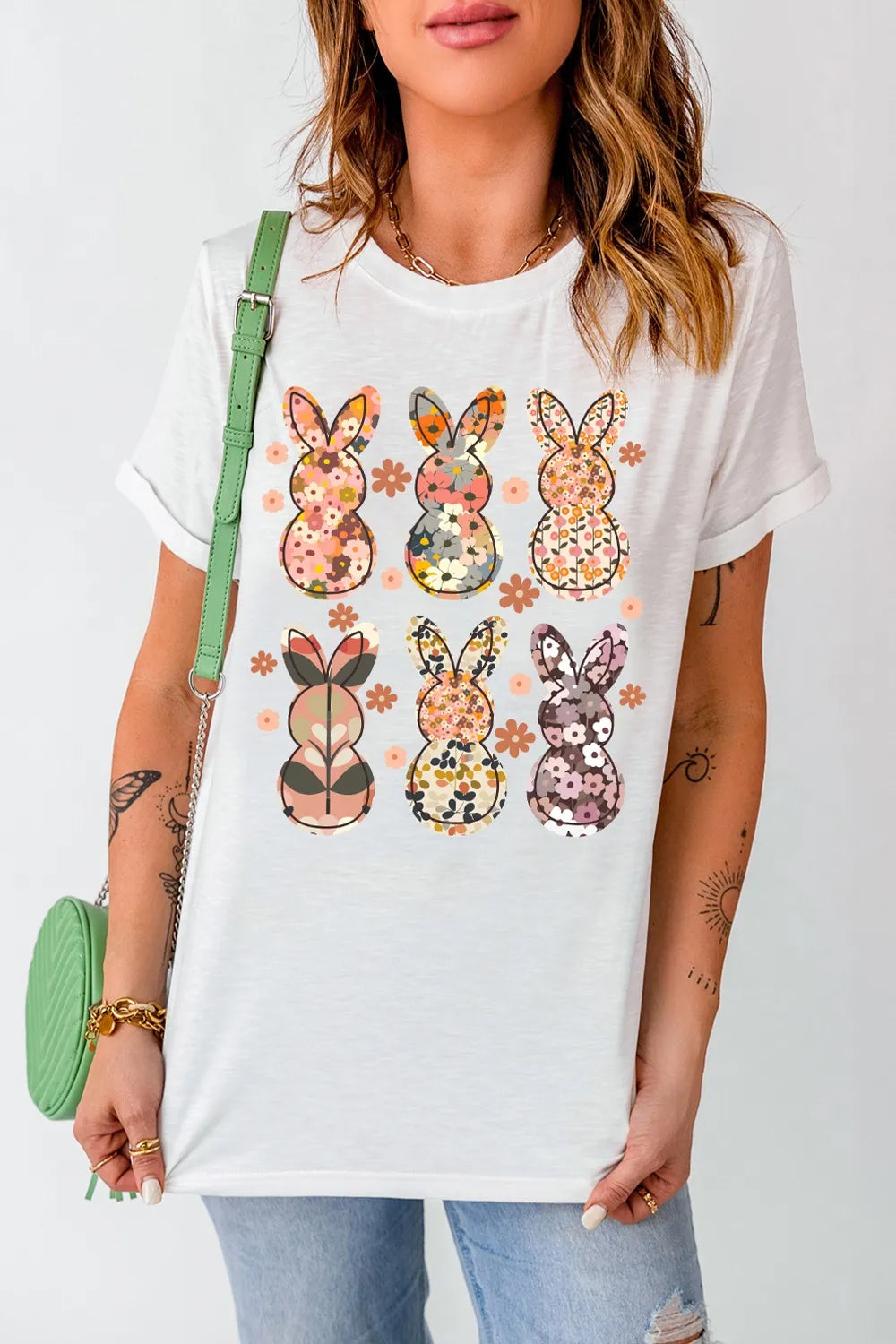 Floral Bunny Graphic Crewneck Short Sleeve T-Shirt – Trendsi | ClozArt