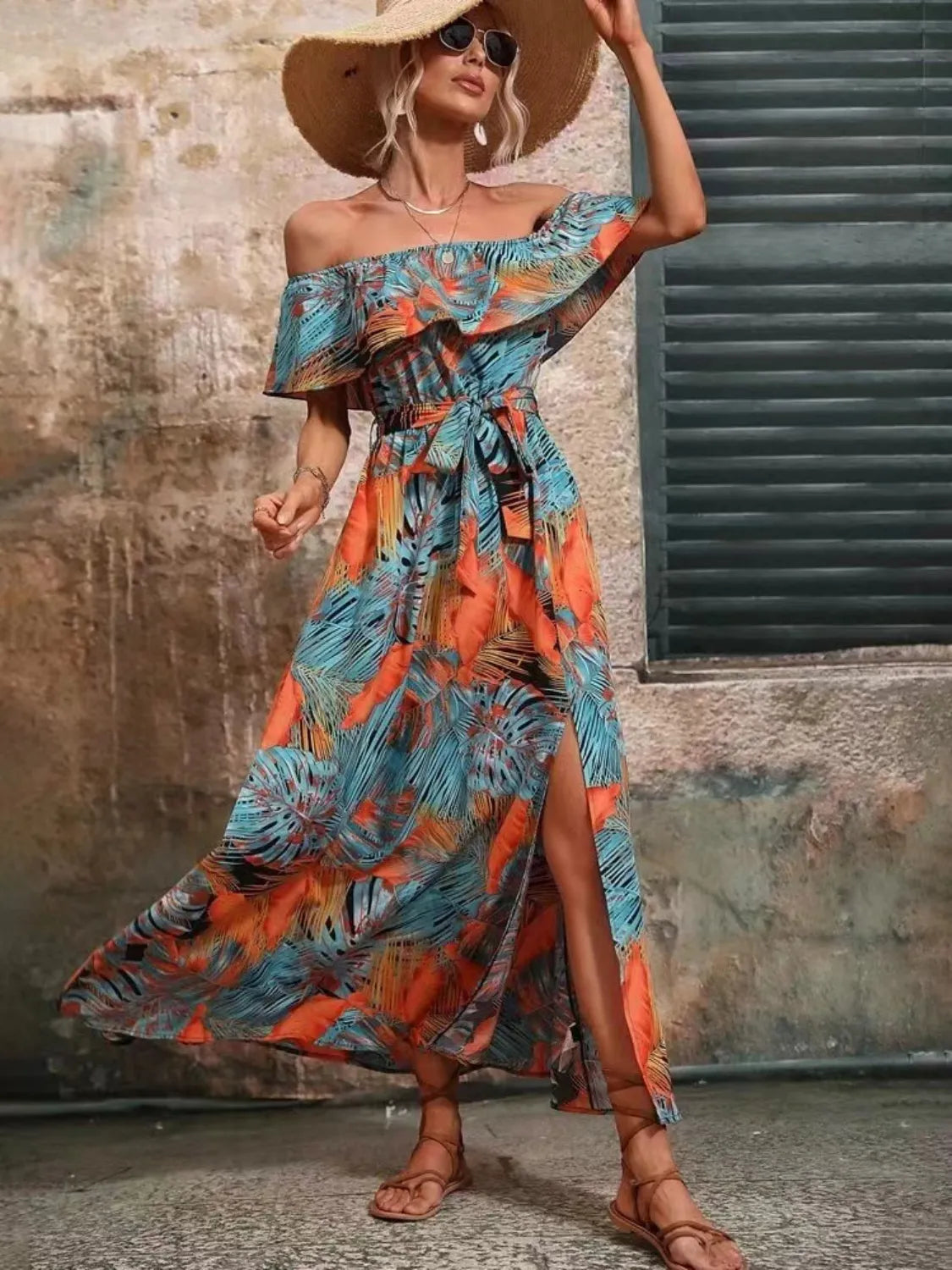 Ruffled Printed Off Shoulder Maxi Dress – Trendsi | ClozArt