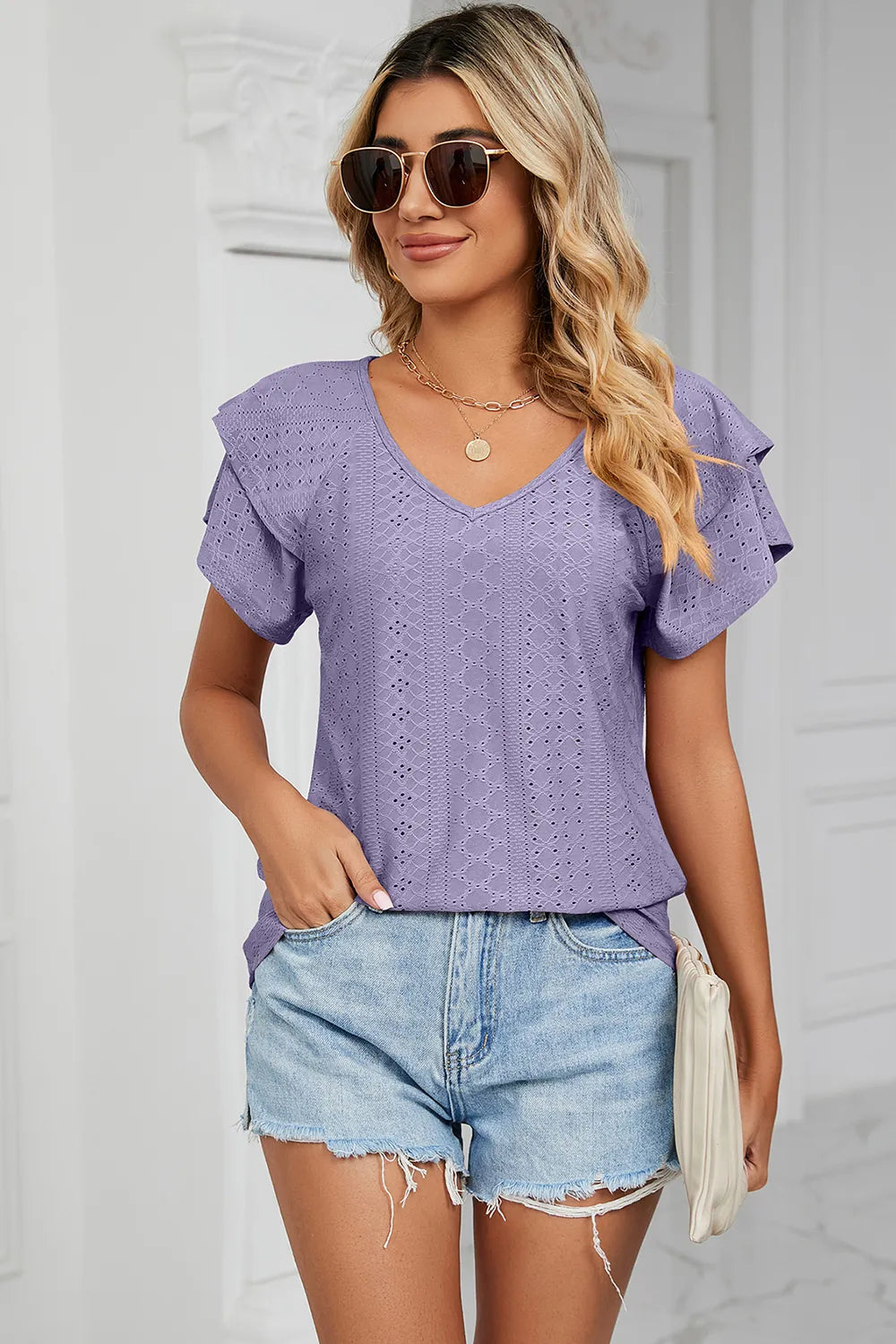 Eyelet V-Neck Short Sleeve T-Shirt – Trendsi | ClozArt