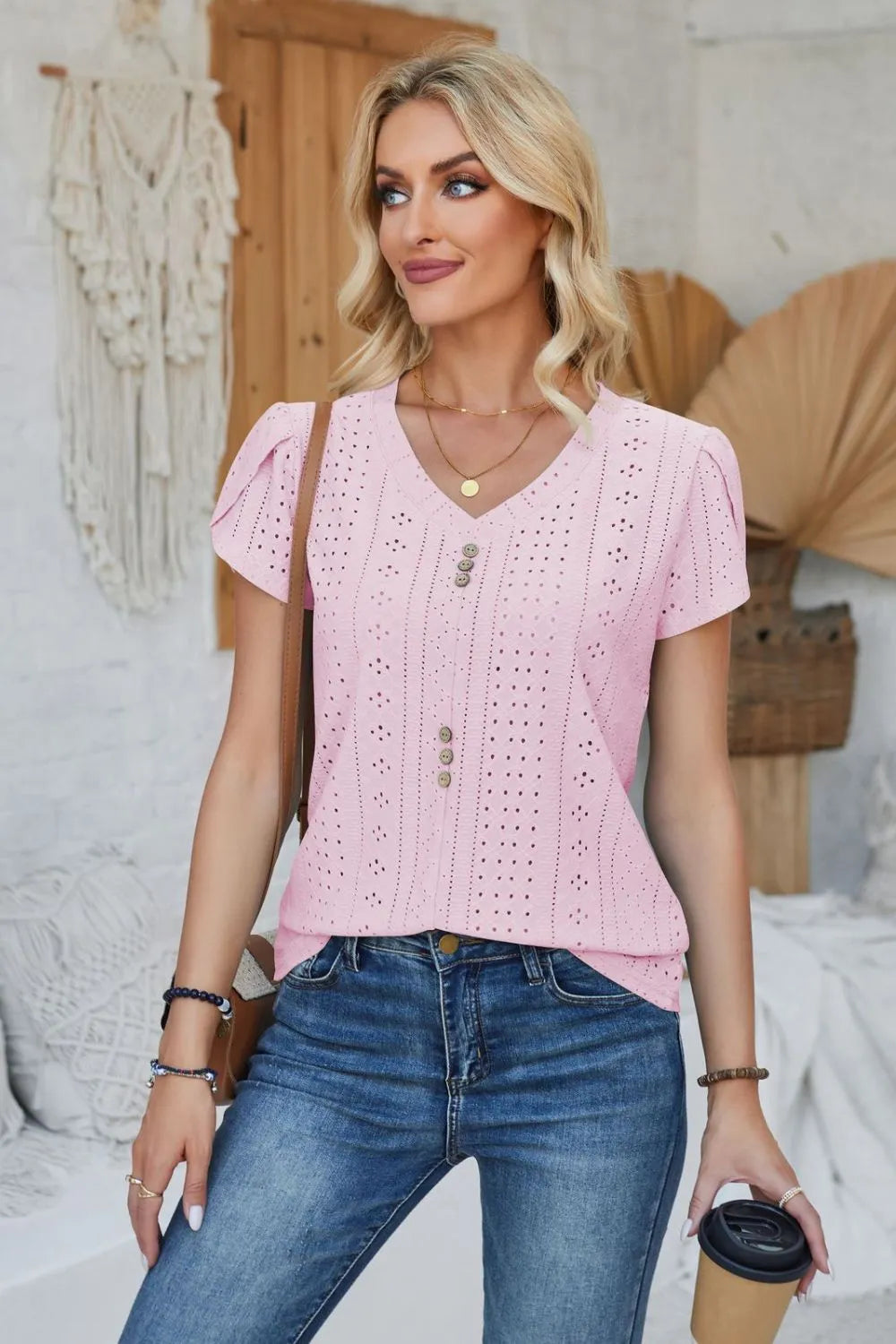 Decorative Button Eyelet V-Neck Short Sleeve T-Shirt – Trendsi | ClozArt