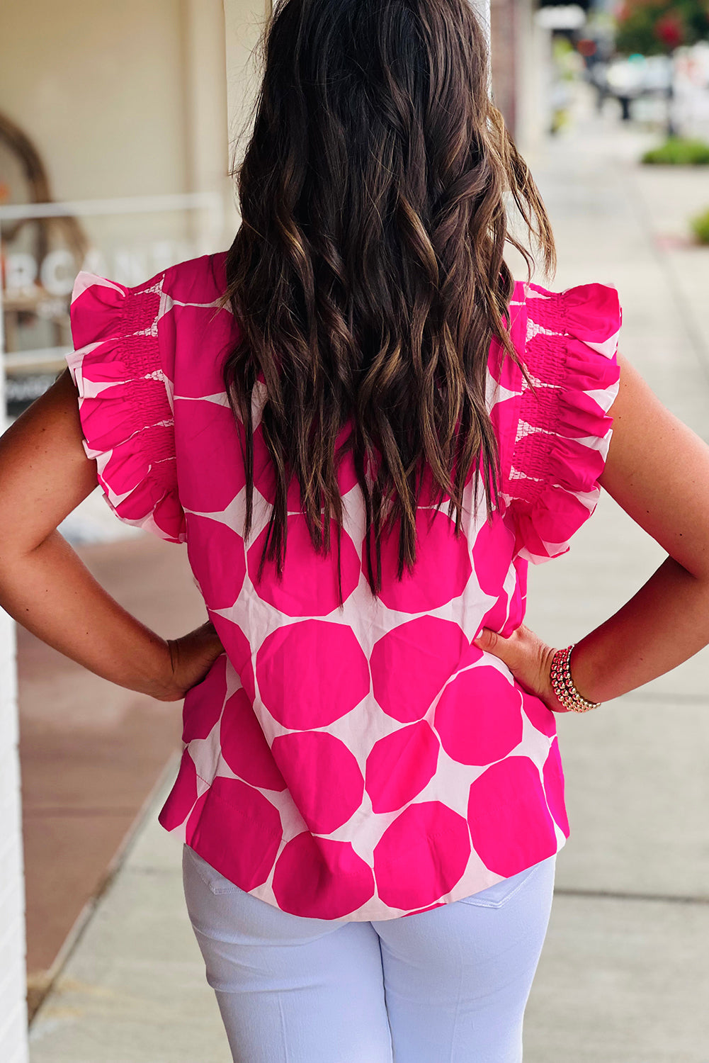 Rose Polka Dot Pattern Frill Neck Flutter Sleeve Top – Shewin | ClozArt