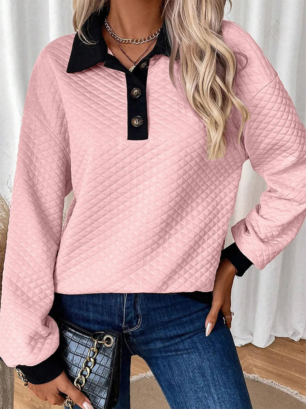 Texture Quarter Button Long Sleeve Sweatshirt – Trendsi | ClozArt
