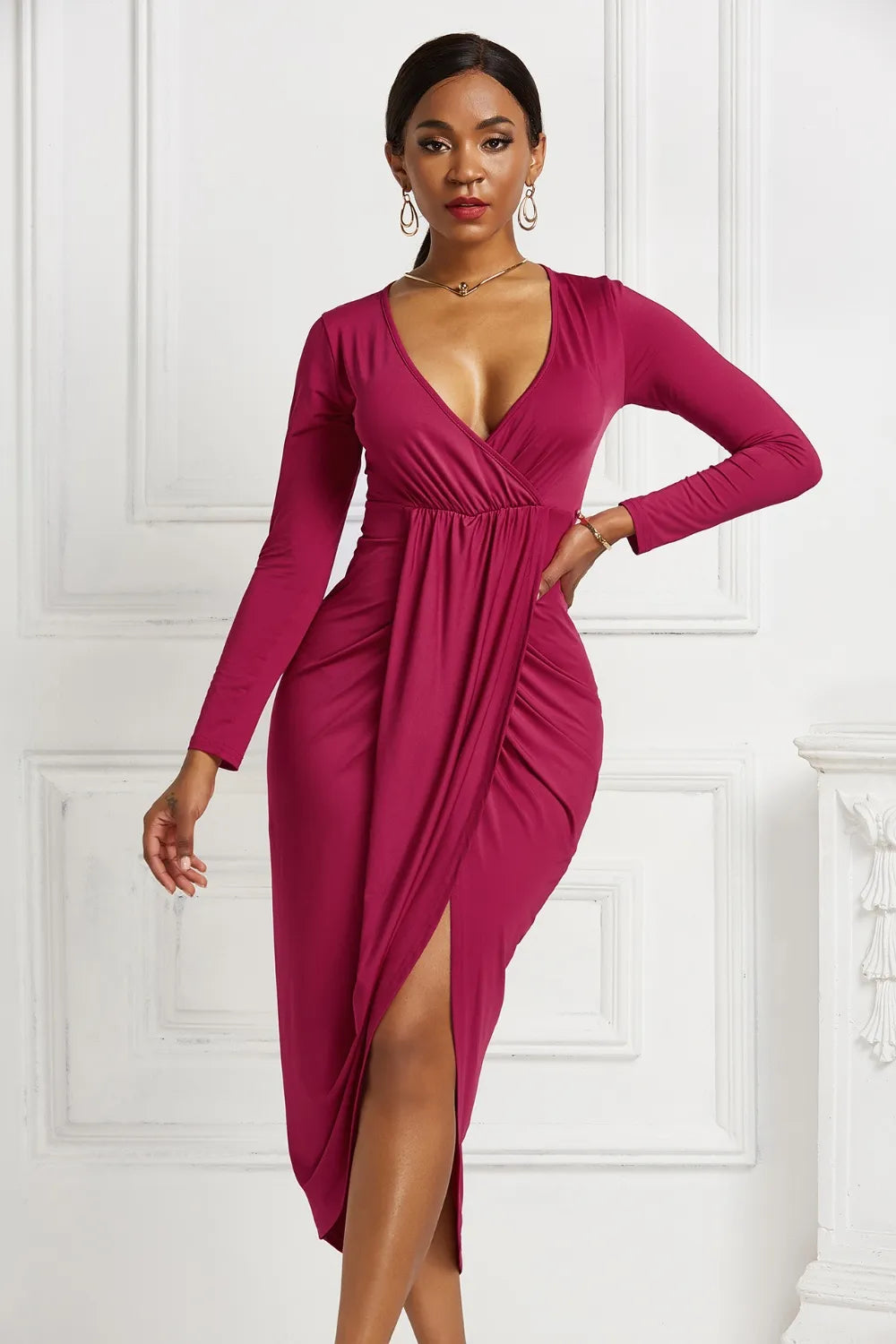 High-low Ruched Surplice Long Sleeve Dress – Trendsi | ClozArt