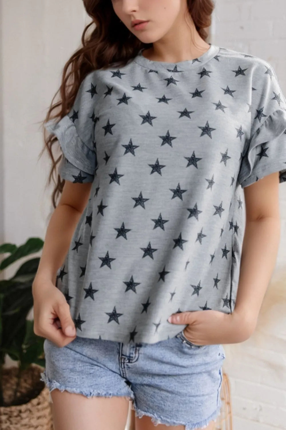 Star Print Tiered Ruffled Sleeve Crew Neck T Shirt – Trendsi | ClozArt