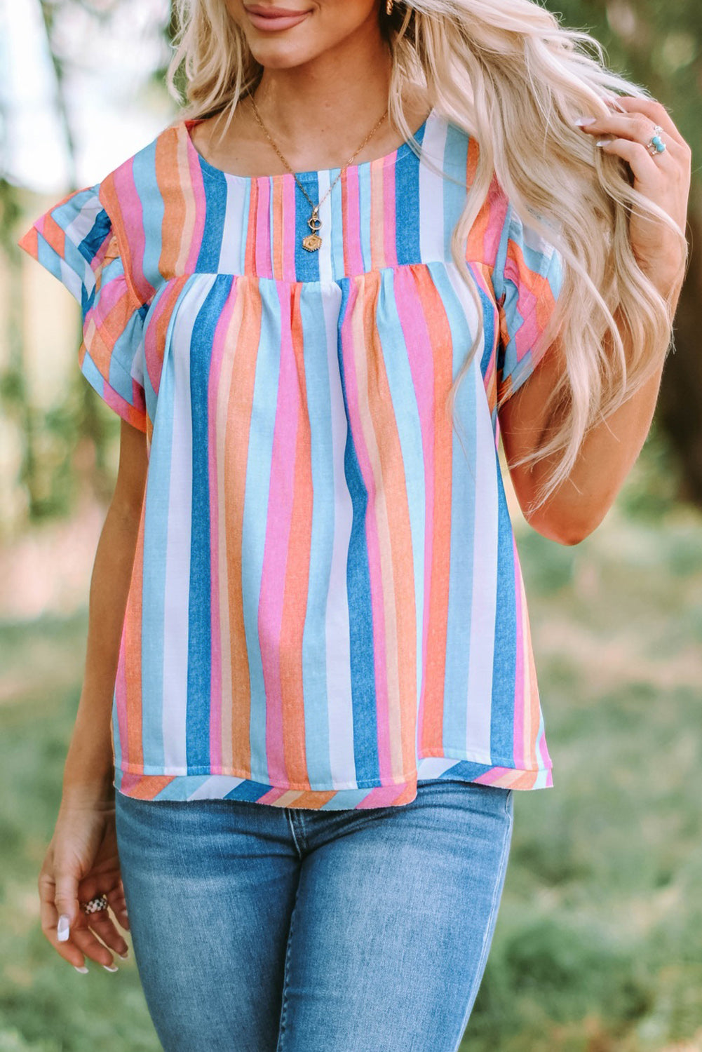 Multicolored Stripe Flutter Sleeve Blouse – Trendsi | ClozArt