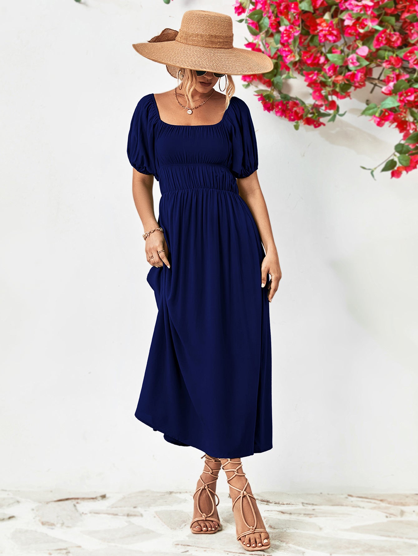 Off-Shoulder Balloon Sleeve Midi Dress – Trendsi | ClozArt