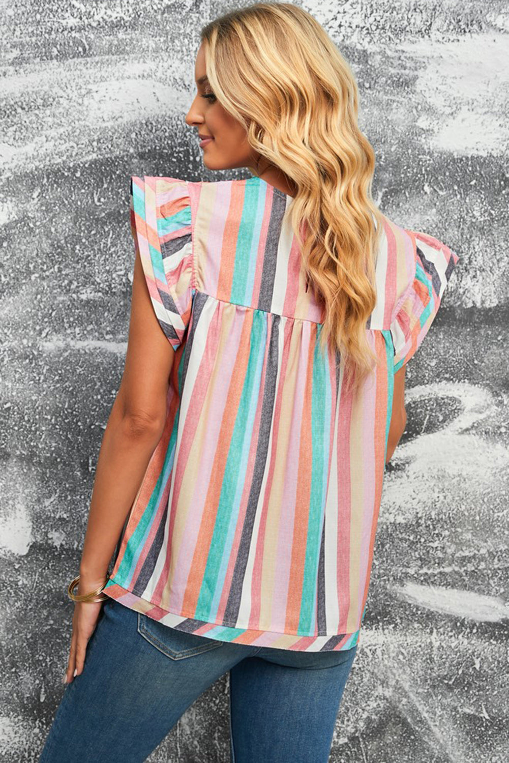 Multicolored Stripe Flutter Sleeve Blouse – Trendsi | ClozArt