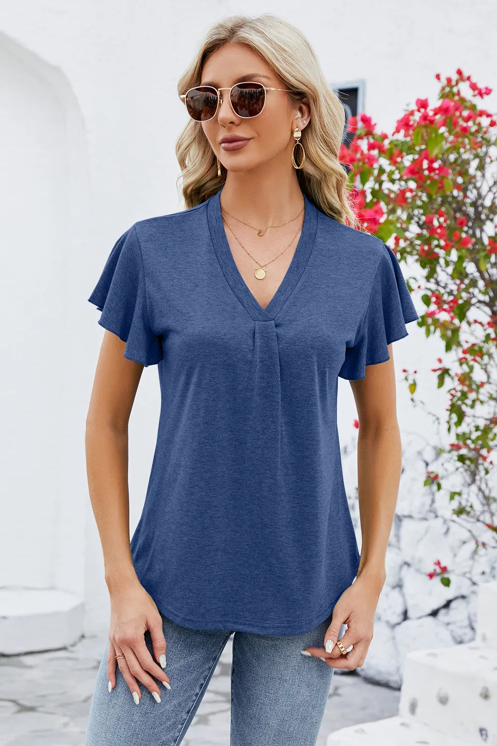 V-Neck Flutter Sleeve T-Shirt – Trendsi | ClozArt