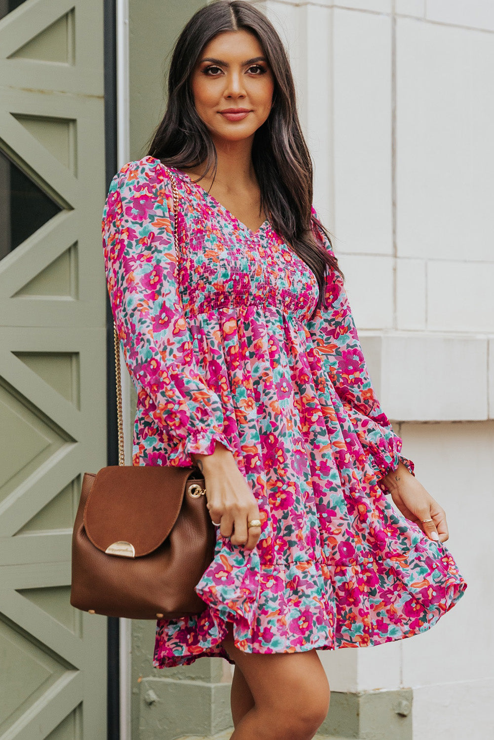 Floral Smocked V-Neck Flounce Sleeve Dress – Trendsi | ClozArt