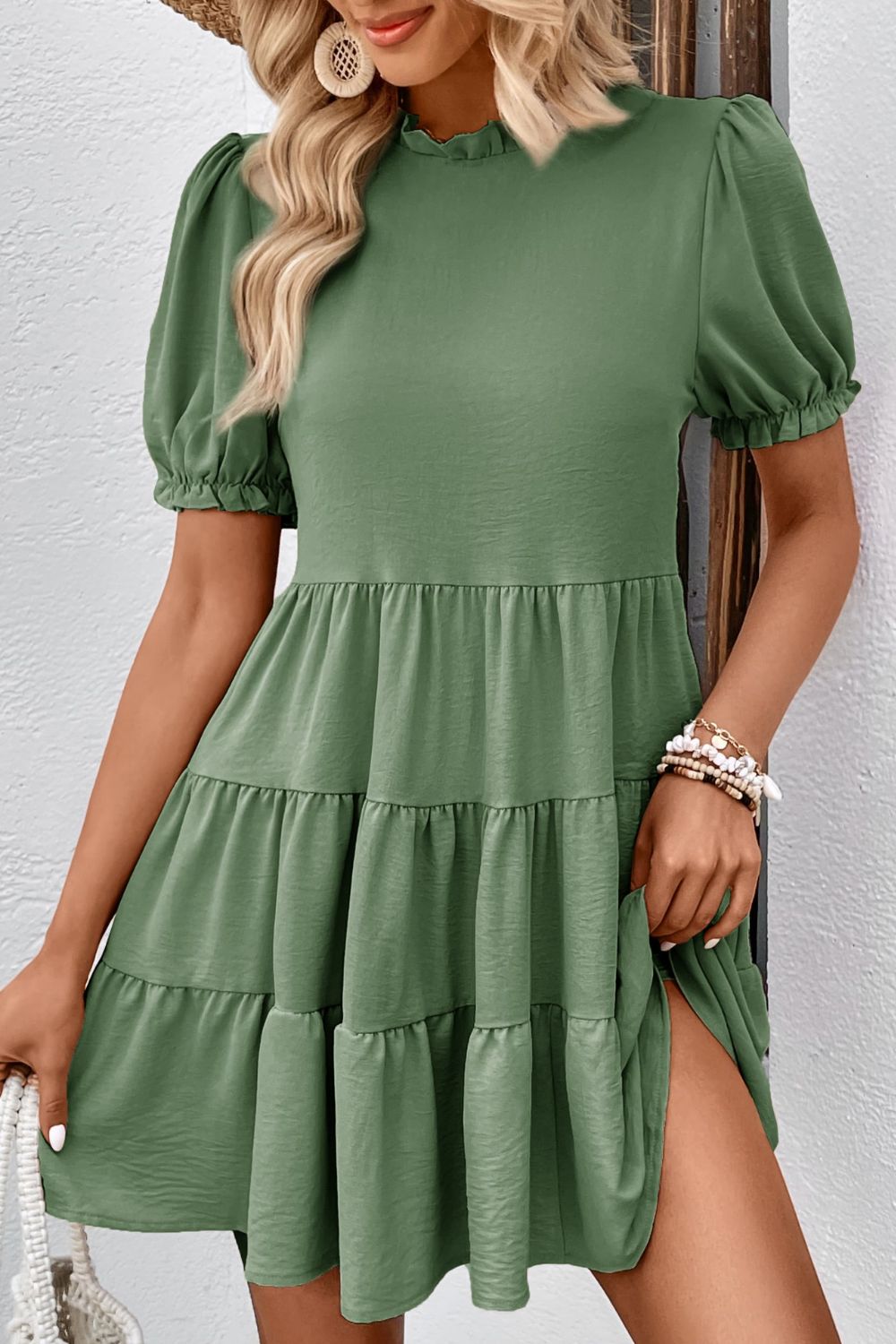 Perfee Puff Sleeve Tie Back Tiered Dress – Trendsi | ClozArt