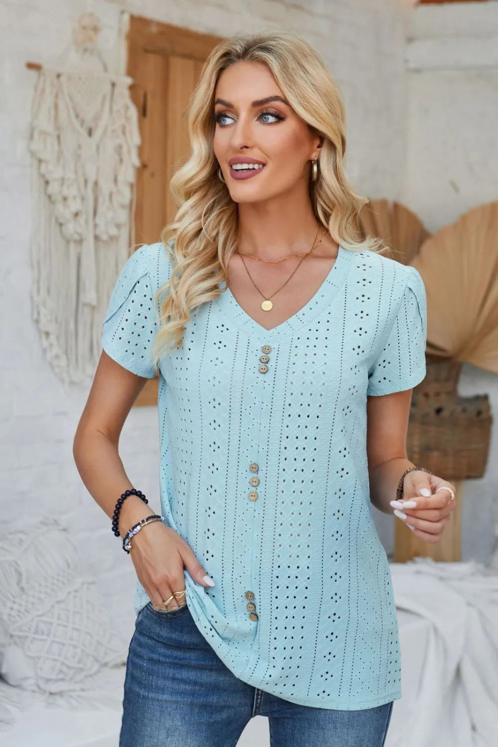 Decorative Button Eyelet V-Neck Short Sleeve T-Shirt – Trendsi | ClozArt