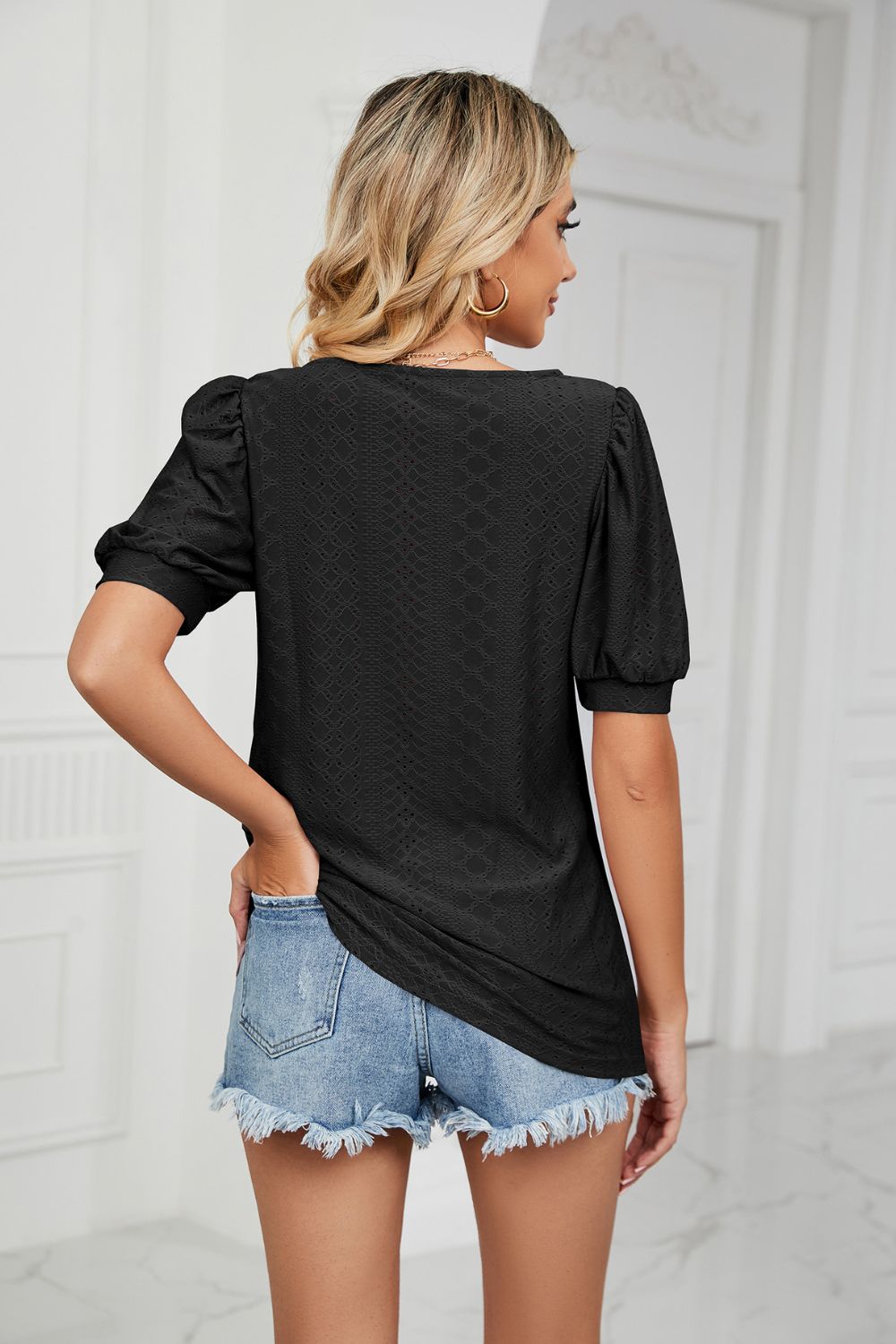 Eyelet Puff Sleeve Round Neck Top – Trendsi | ClozArt