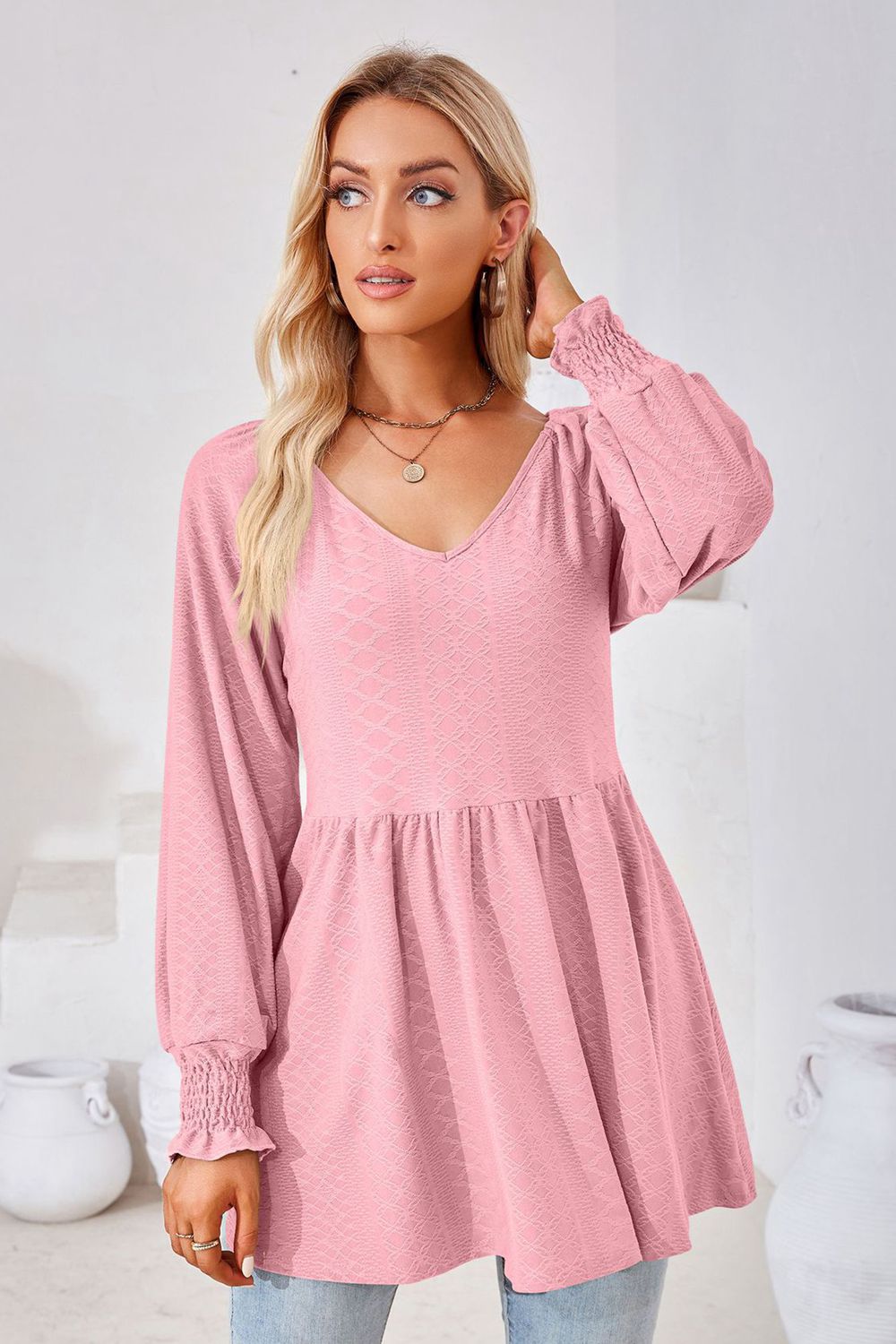 V-Neck Lantern Sleeve Blouse – Trendsi | ClozArt