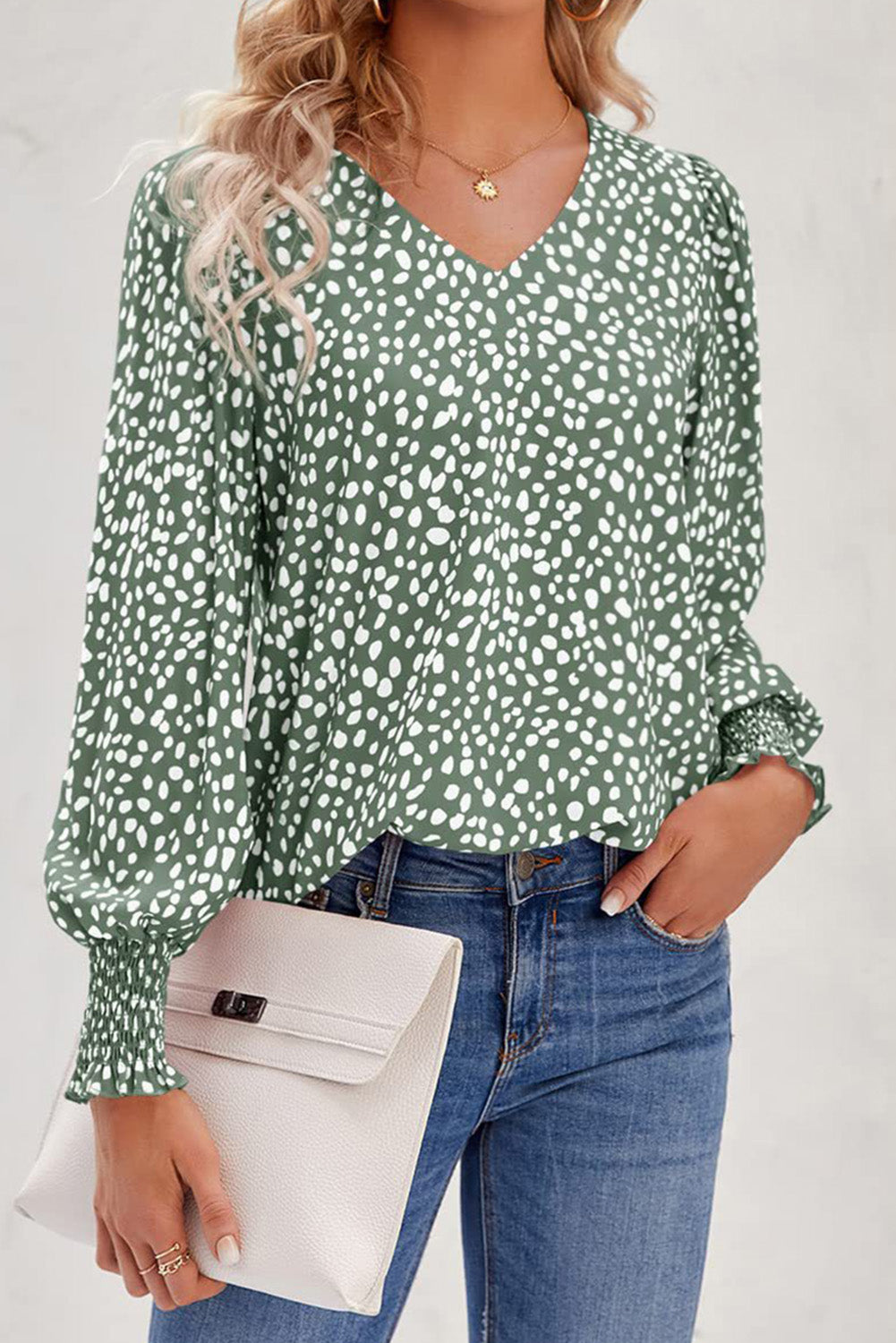 Printed V-Neck Smocked Lantern Sleeve Blouse – Trendsi | ClozArt