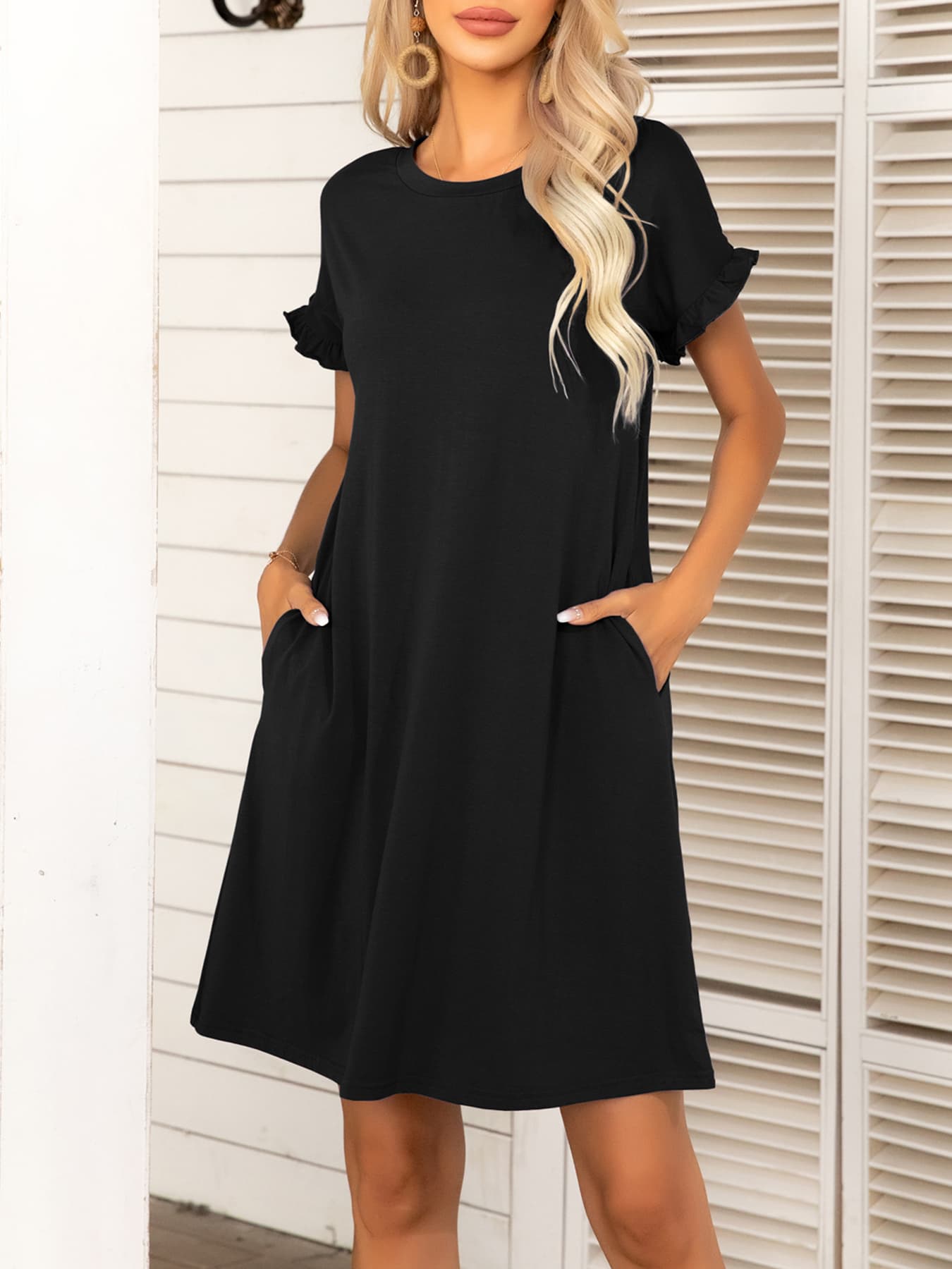 Round Neck Flounce Sleeve Dress with Pockets – Trendsi | ClozArt