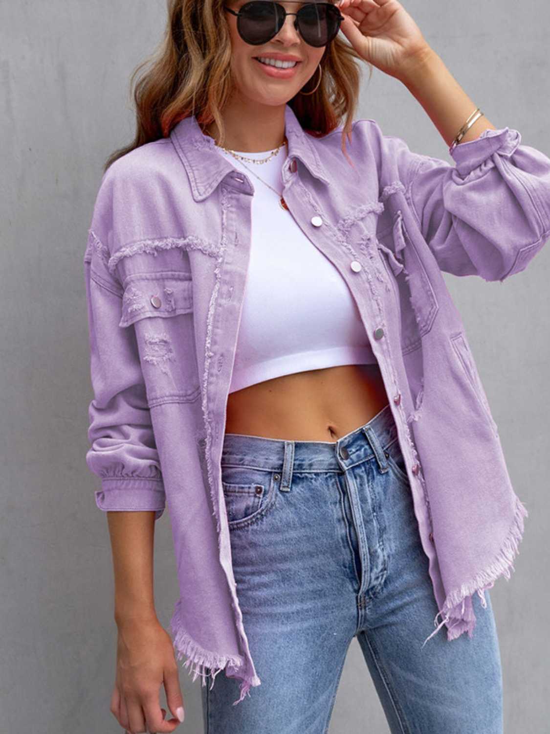 Distressed Drop Shoulder Denim Jacket – Trendsi | ClozArt