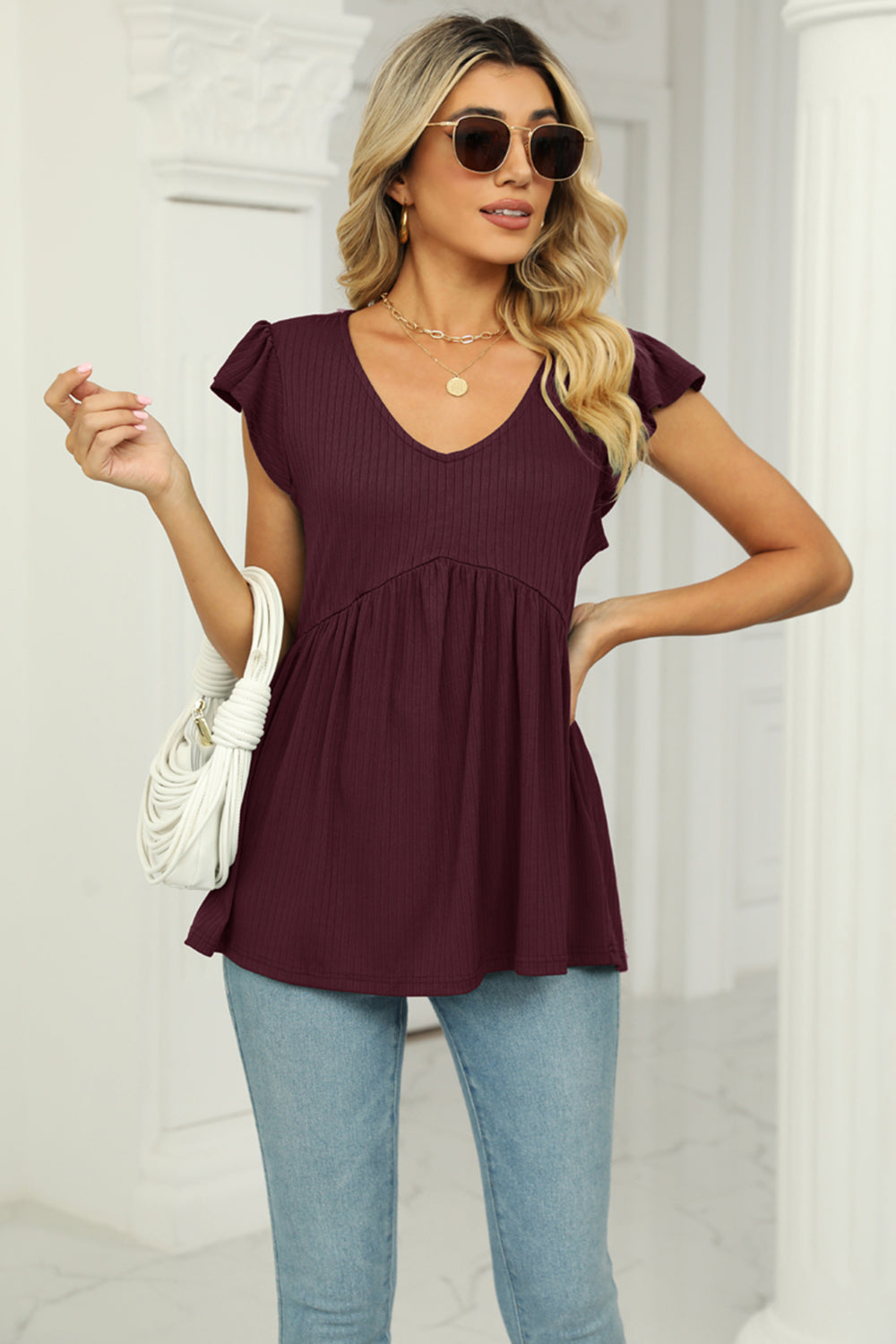V-Neck Flutter Sleeve Babydoll Blouse – Trendsi | ClozArt