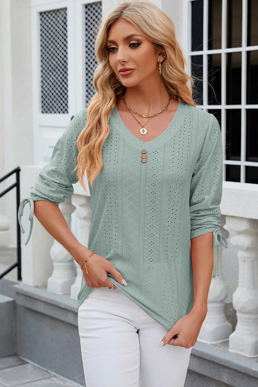 Eyelet Drawstring V-Neck Half Sleeve T-Shirt – Trendsi | ClozArt