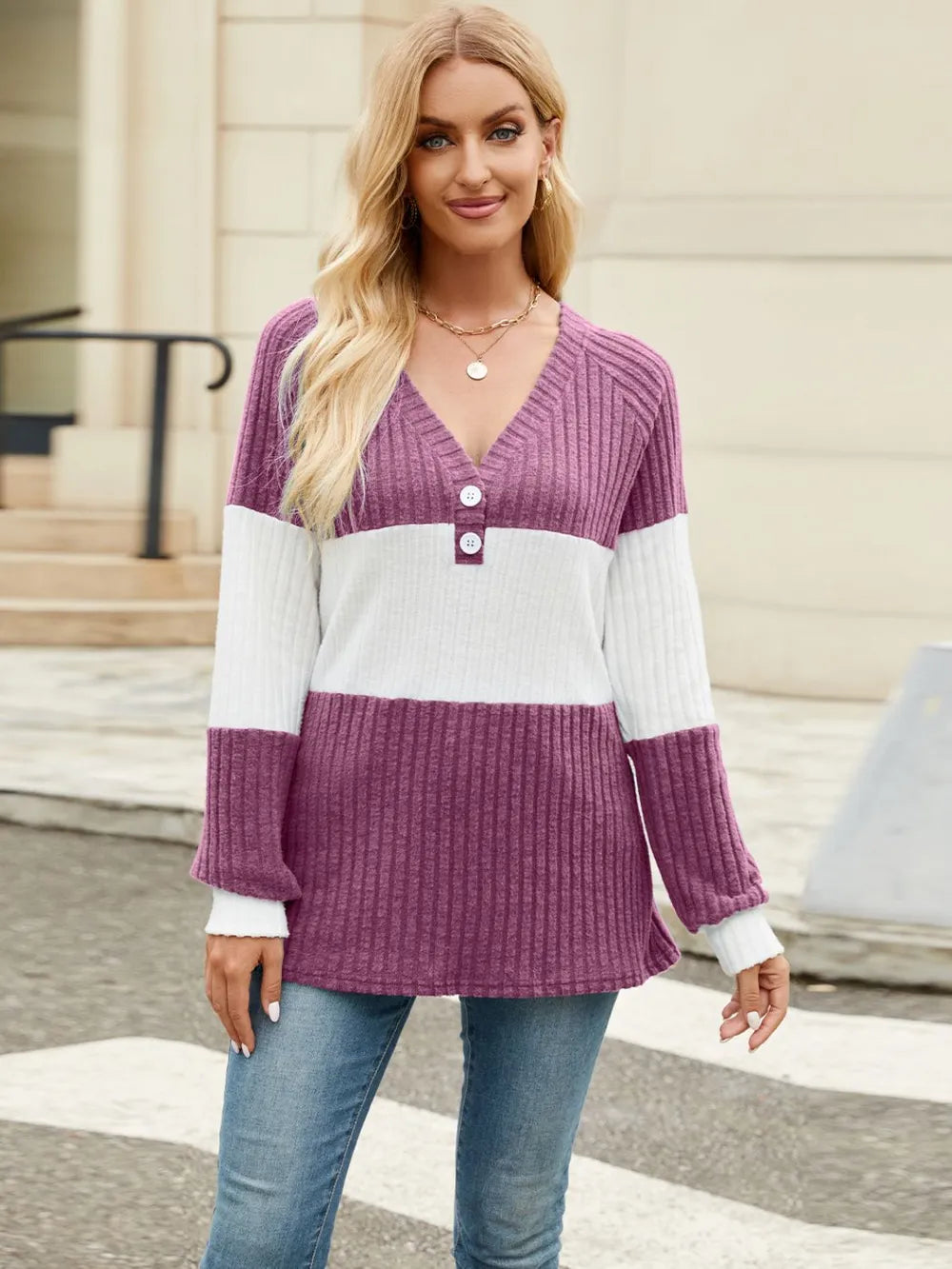 Color Block V-Neck Long Sleeve T-Shirt – Trendsi | ClozArt