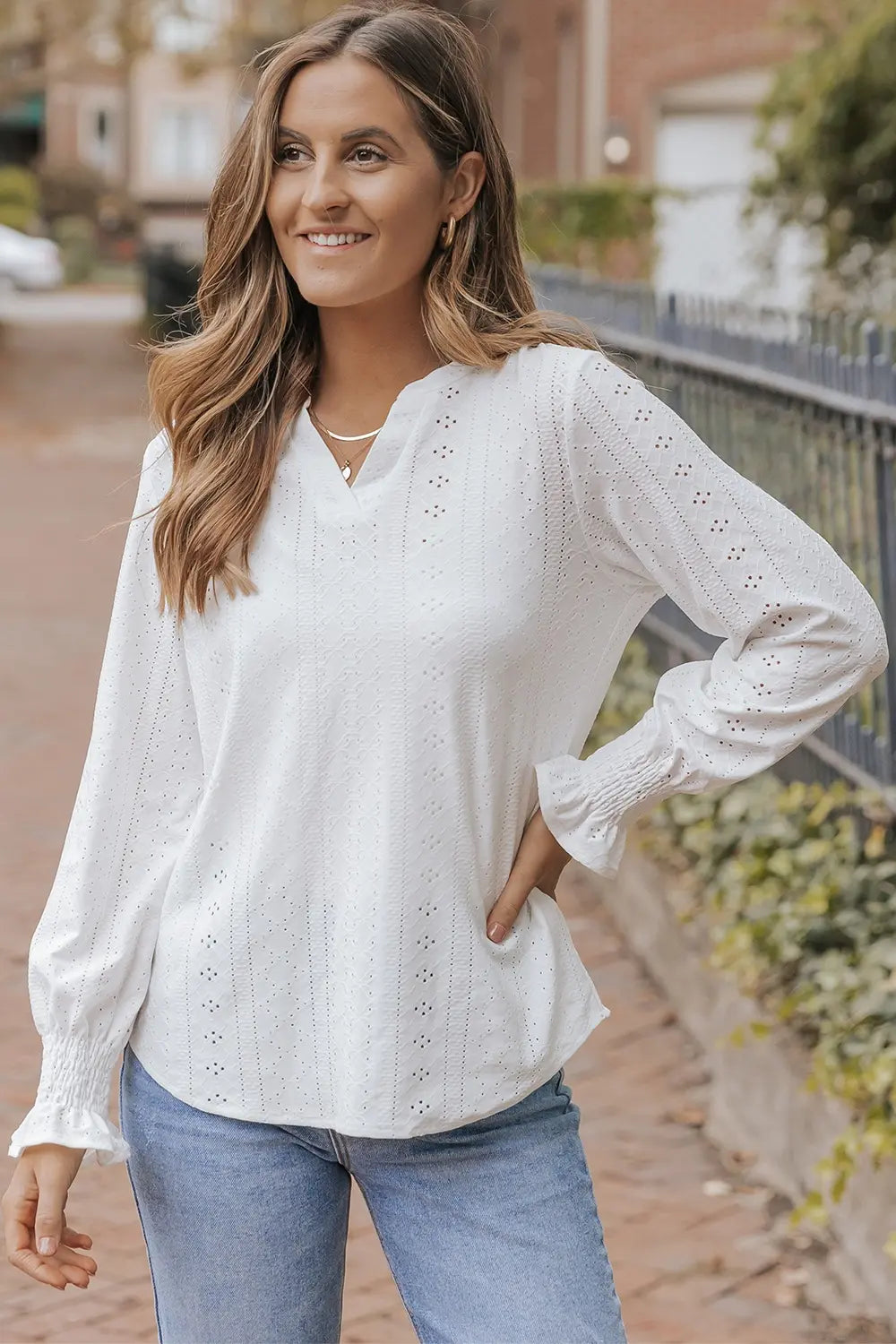 Openwork Notched Flounce Sleeve Blouse – Trendsi | ClozArt