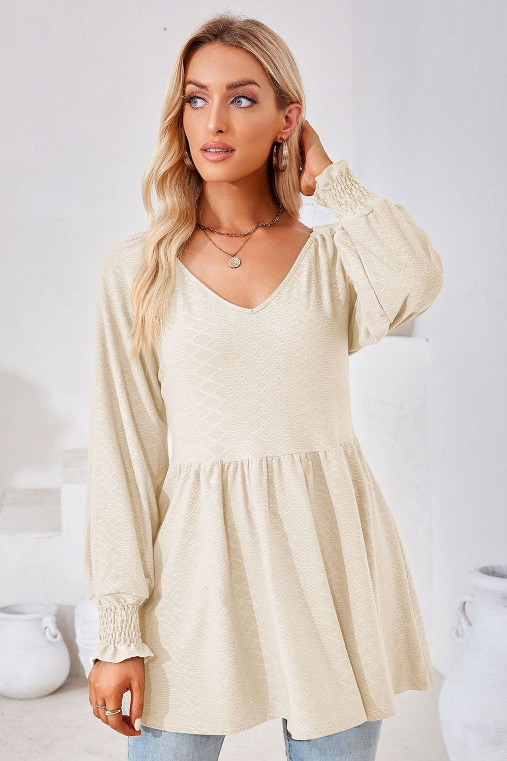 V-Neck Lantern Sleeve Blouse – Trendsi | ClozArt