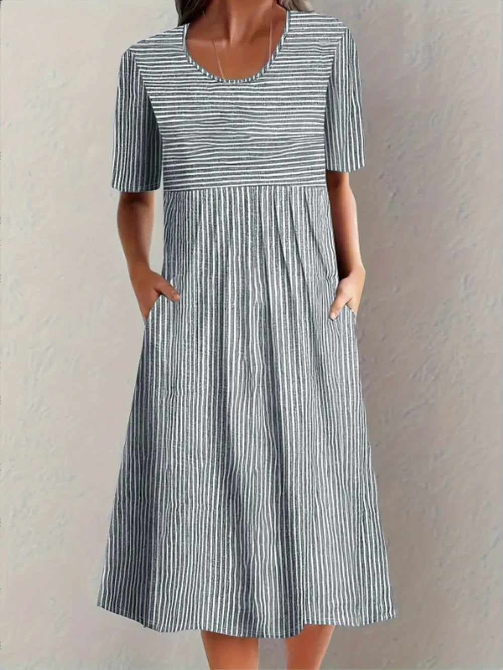 Striped Round Neck Short Sleeve Midi Dress – Trendsi | ClozArt