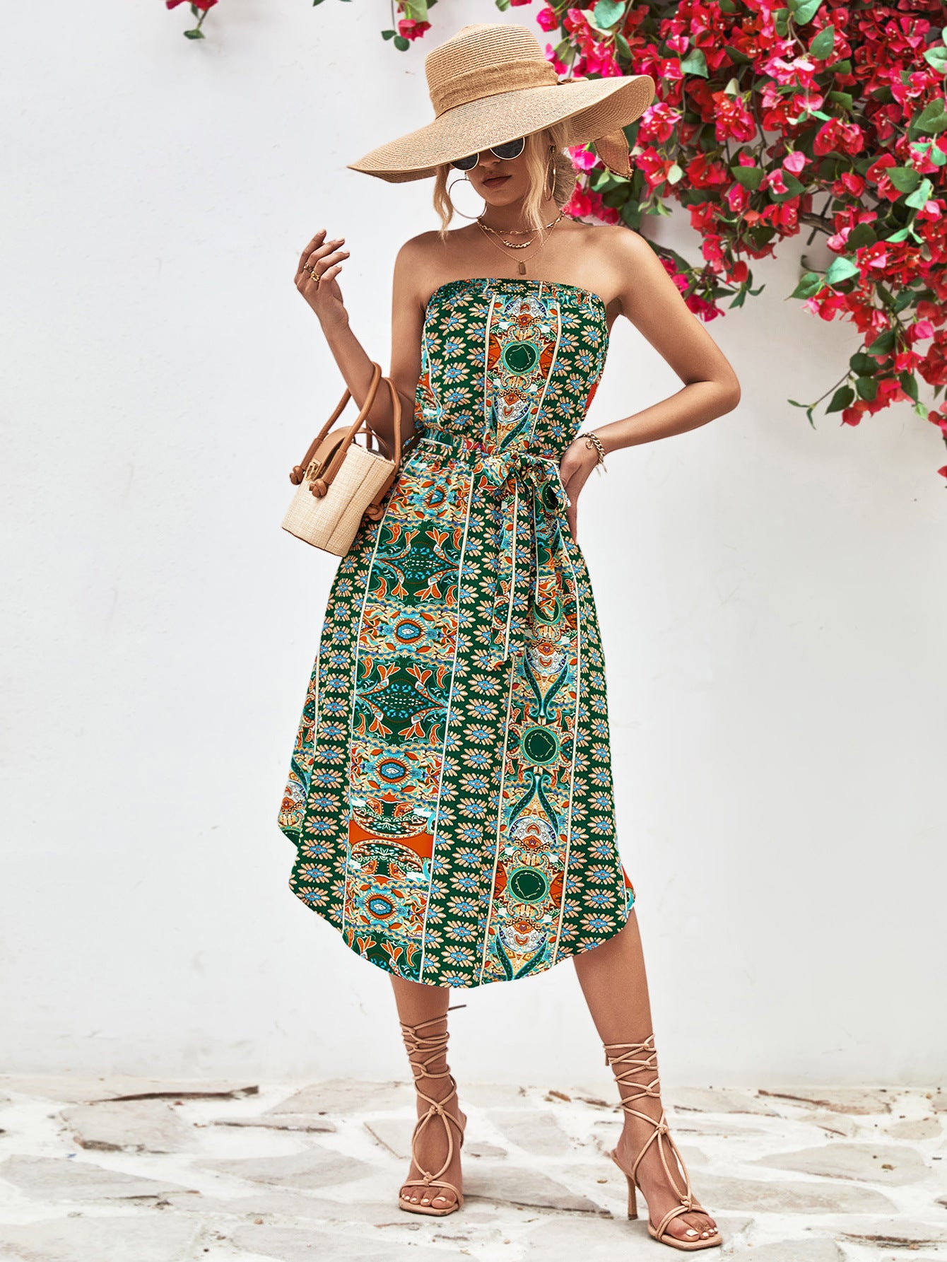 Printed Strapless Tie Belt Dress – Trendsi | ClozArt