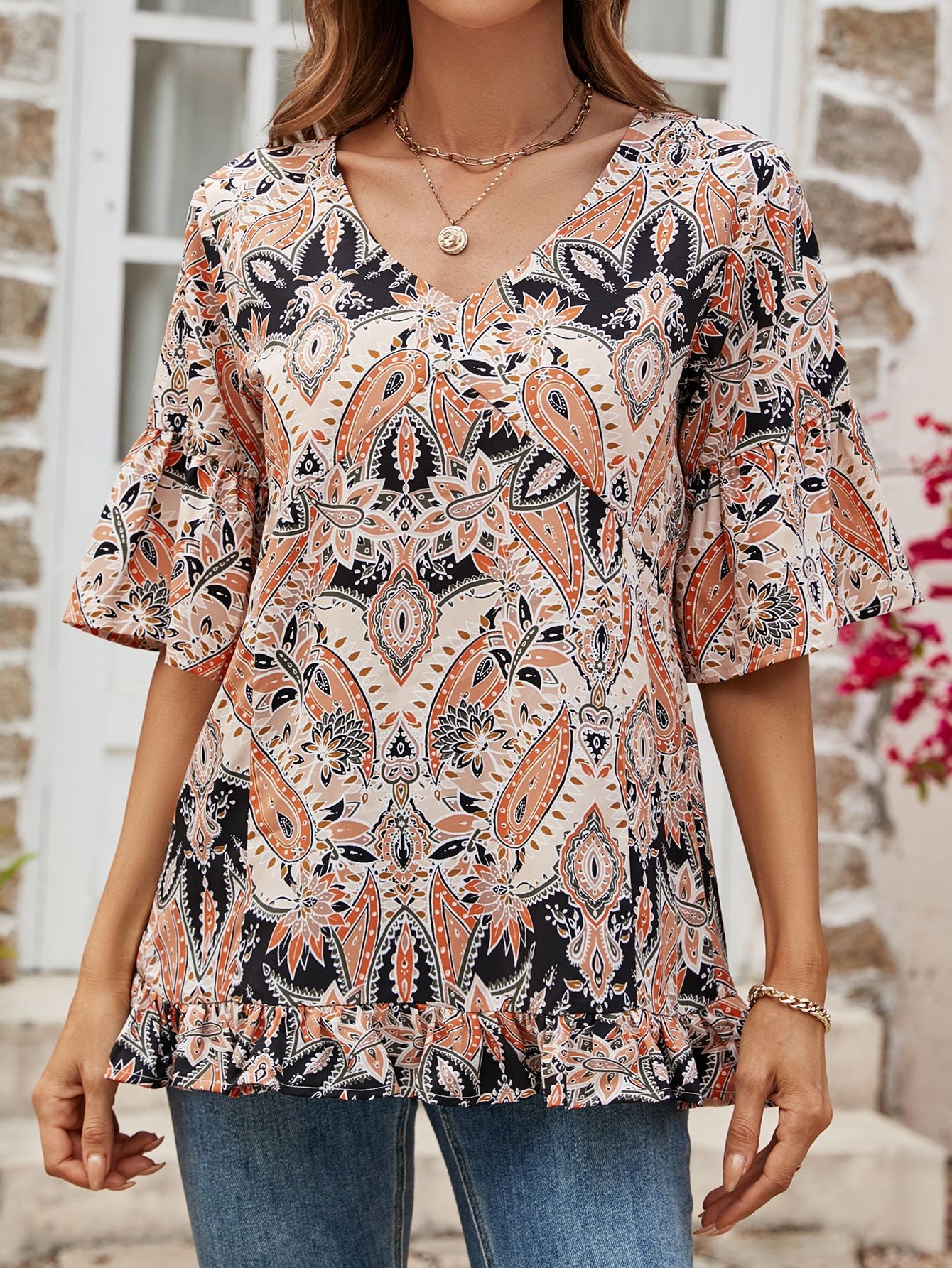 Printed Flounce Sleeve Ruffle Hem Blouse – Trendsi | ClozArt