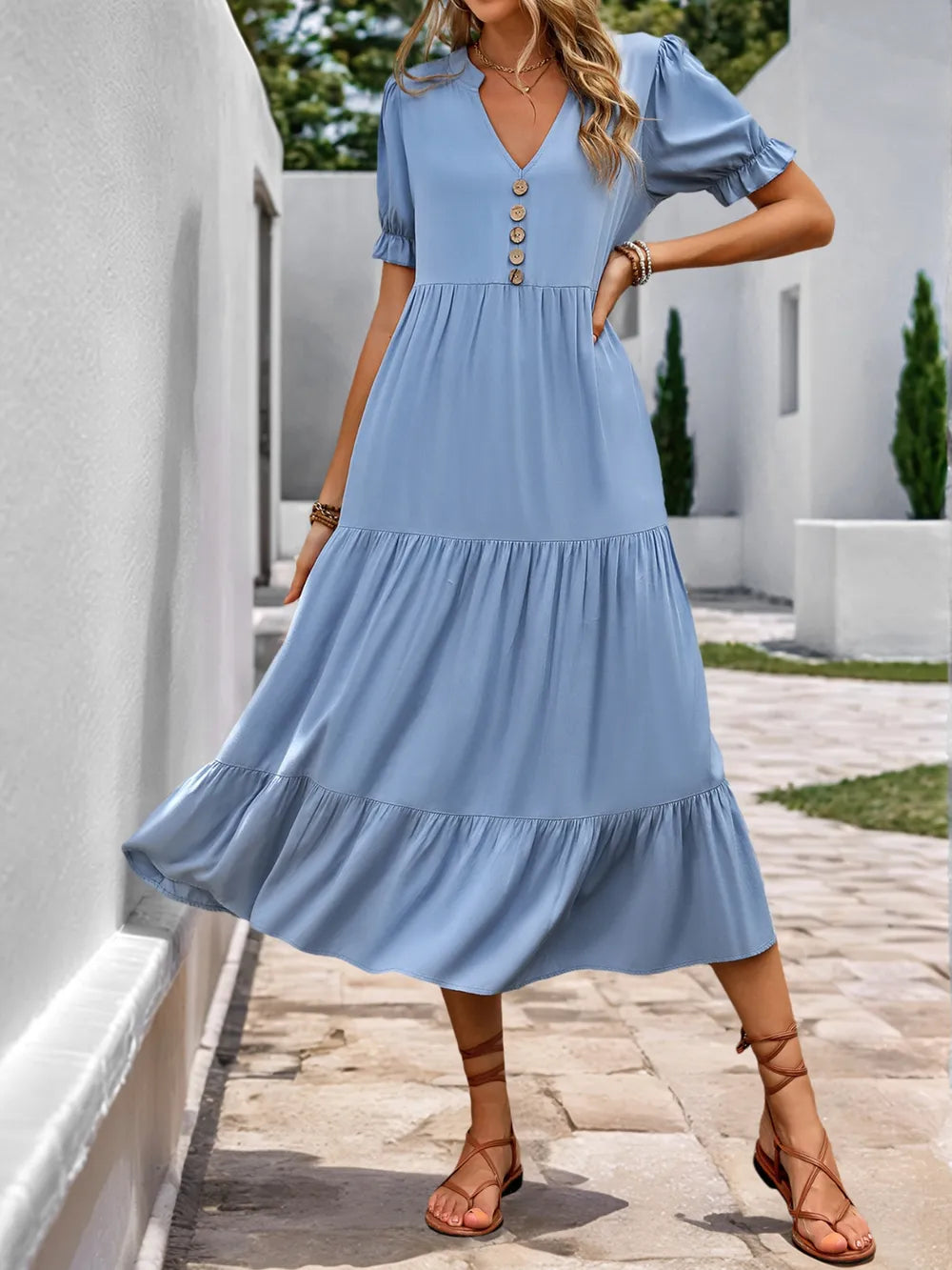 Notched Short Sleeve Tiered Midi Dress – Trendsi | ClozArt