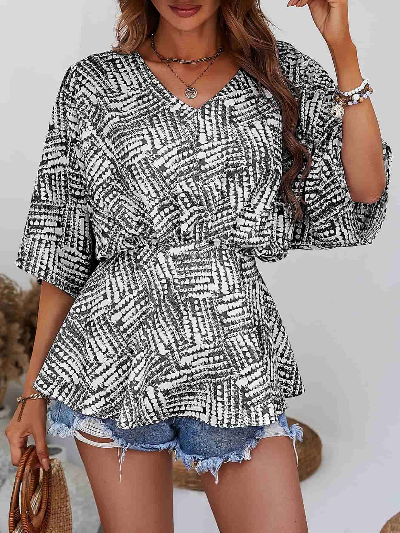 Printed V-Neck Dolman Sleeve Blouse – Trendsi | ClozArt