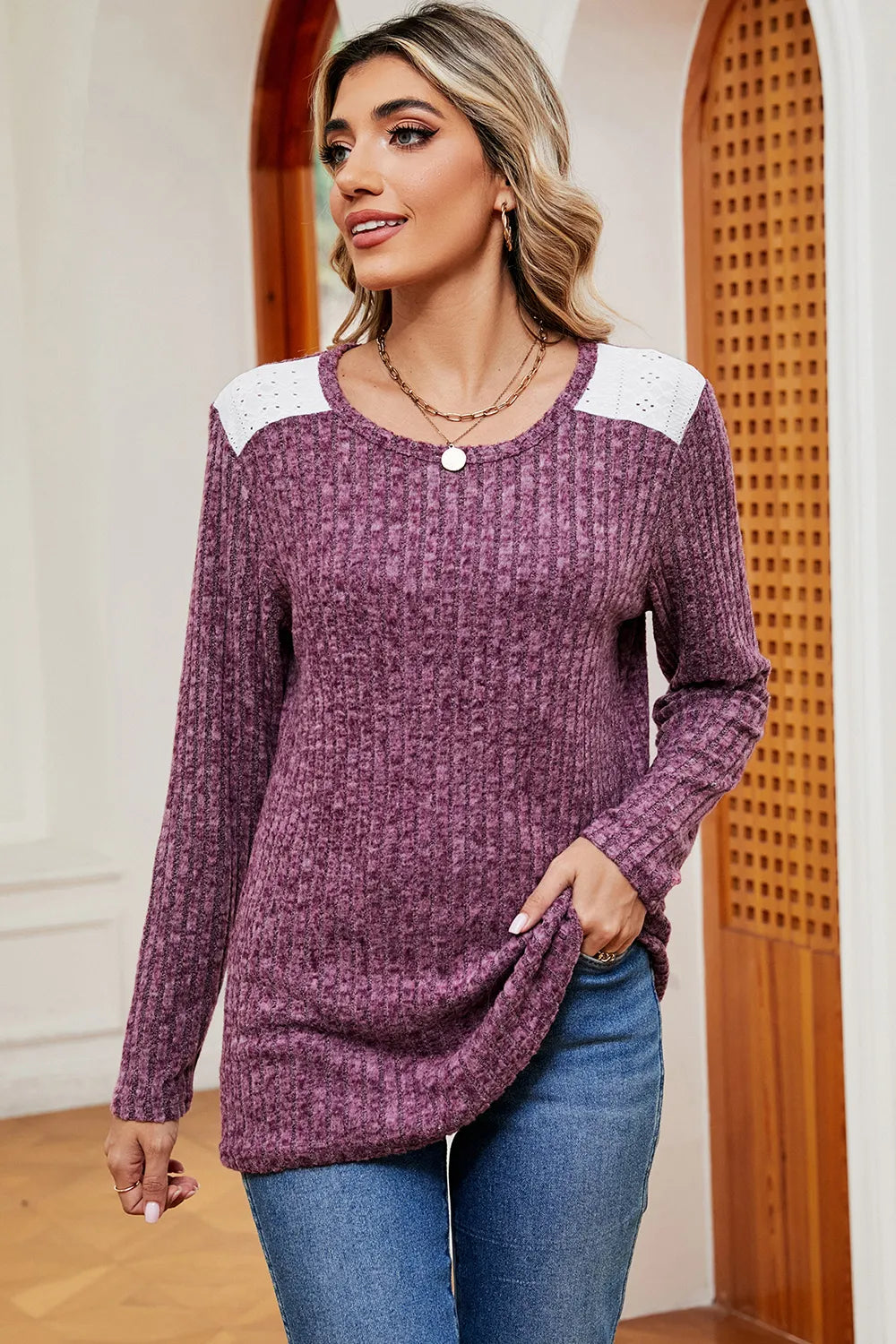 Eyelet Ribbed Round Neck Long Sleeve T-Shirt – Trendsi | ClozArt