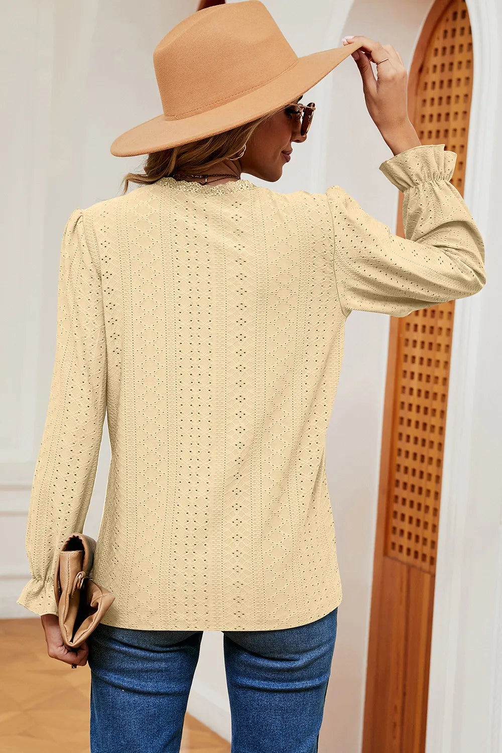 Eyelet V-Neck Flounce Sleeve T-Shirt – Trendsi | ClozArt