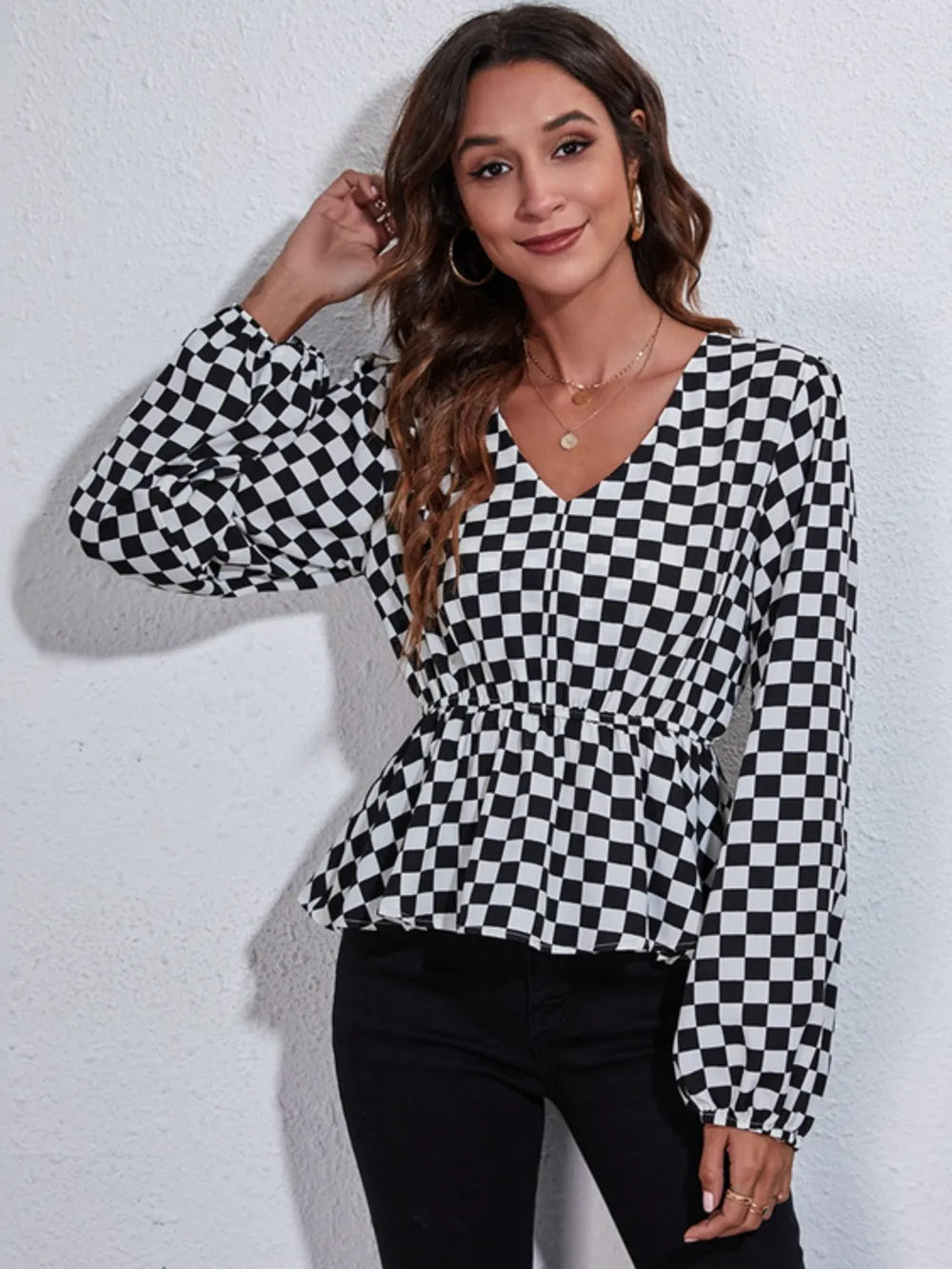 Checkered V-Neck Balloon Sleeve Peplum Blouse – Trendsi | ClozArt