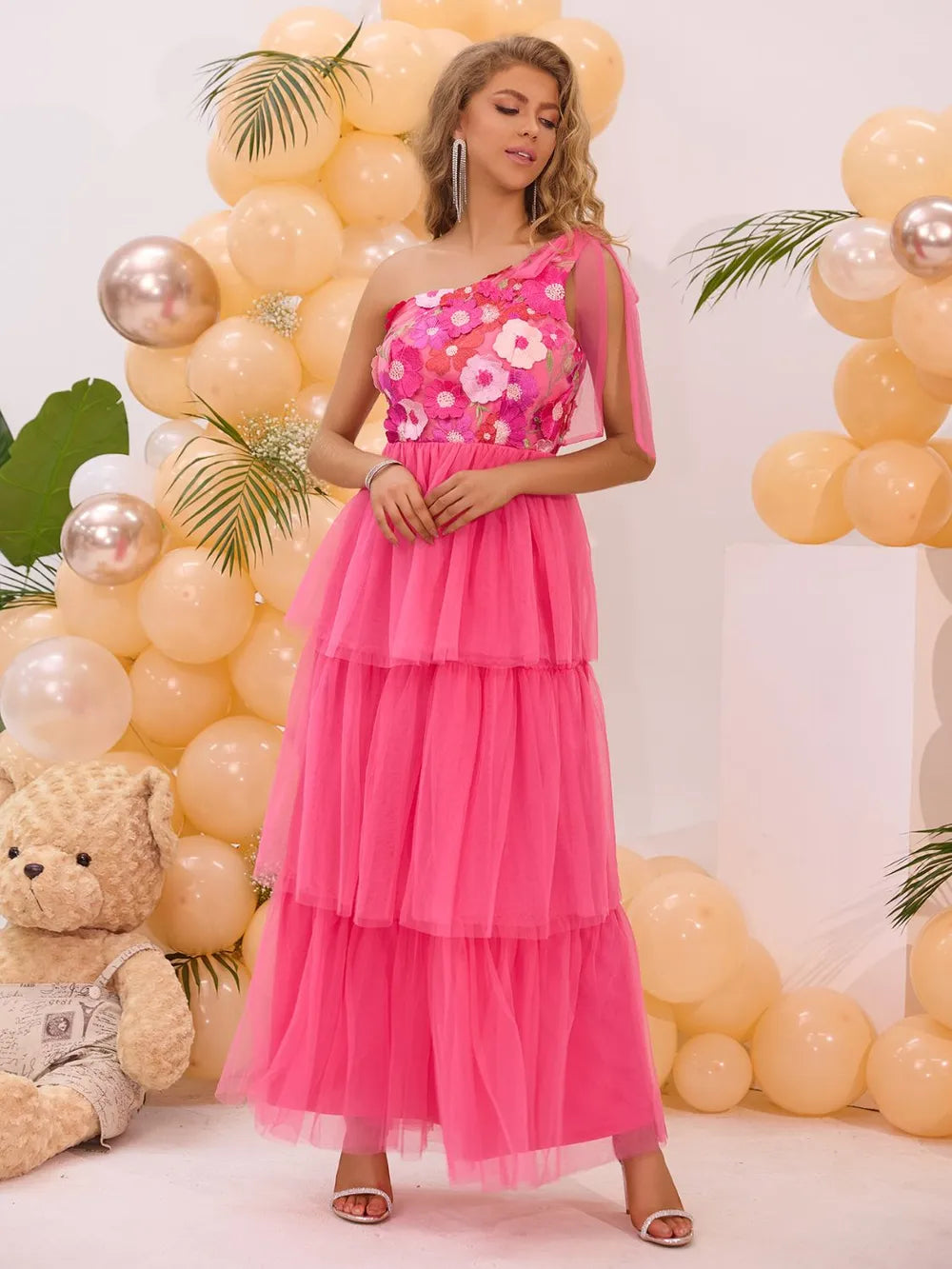 Embroidered Layered Single Shoulder Midi Dress – Trendsi | ClozArt