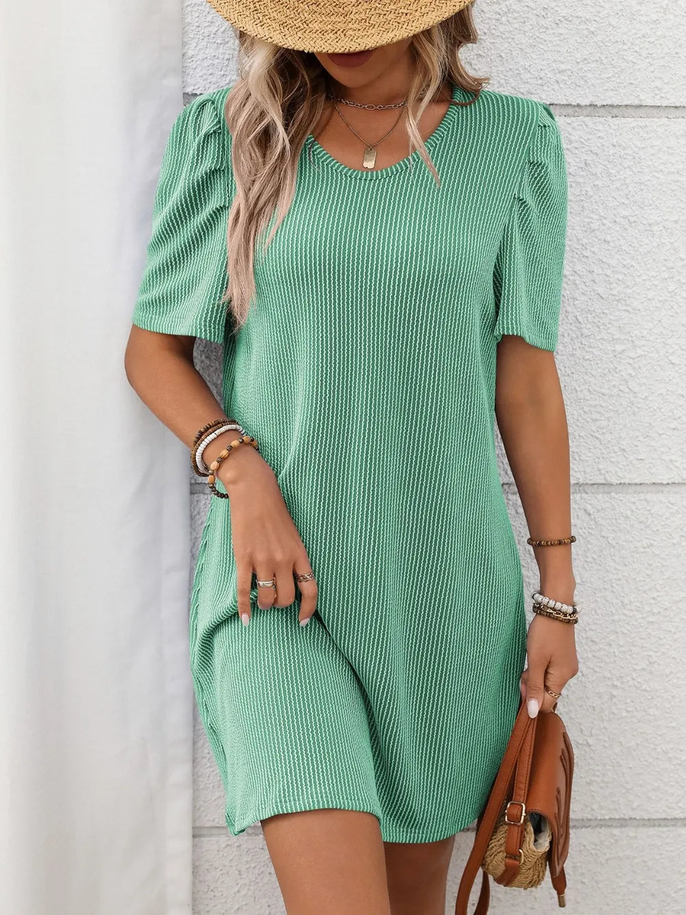 Textured Round Neck Short Sleeve Mini Dress – Trendsi | ClozArt