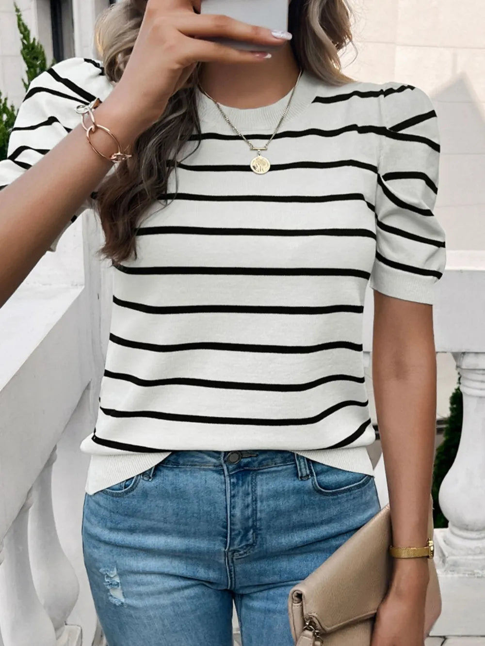 Devine Striped Round Neck Puff Sleeve Knit Top – Trendsi | ClozArt