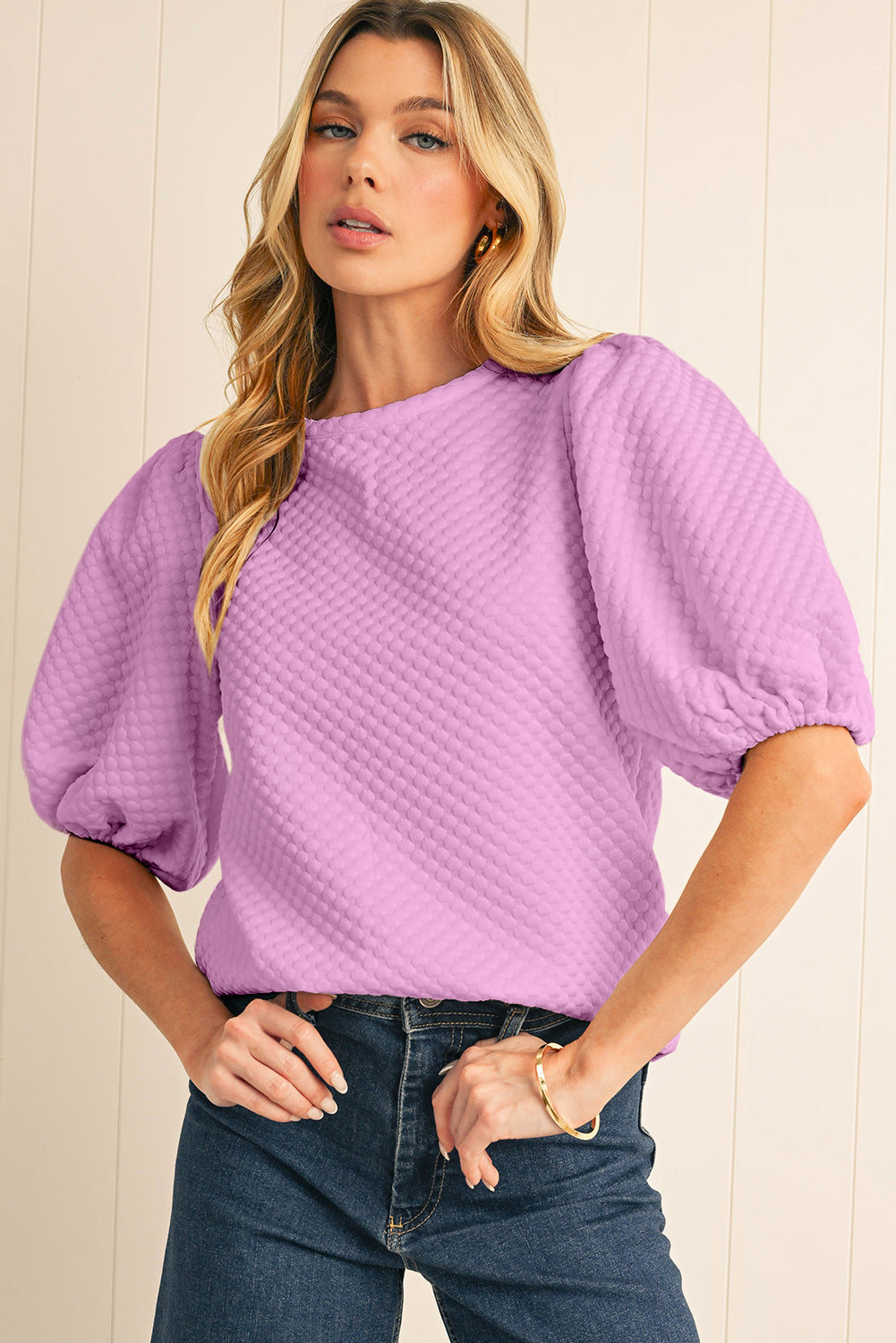 White Solid Textured O Neck Puff Sleeve Blouse – Shewin | ClozArt