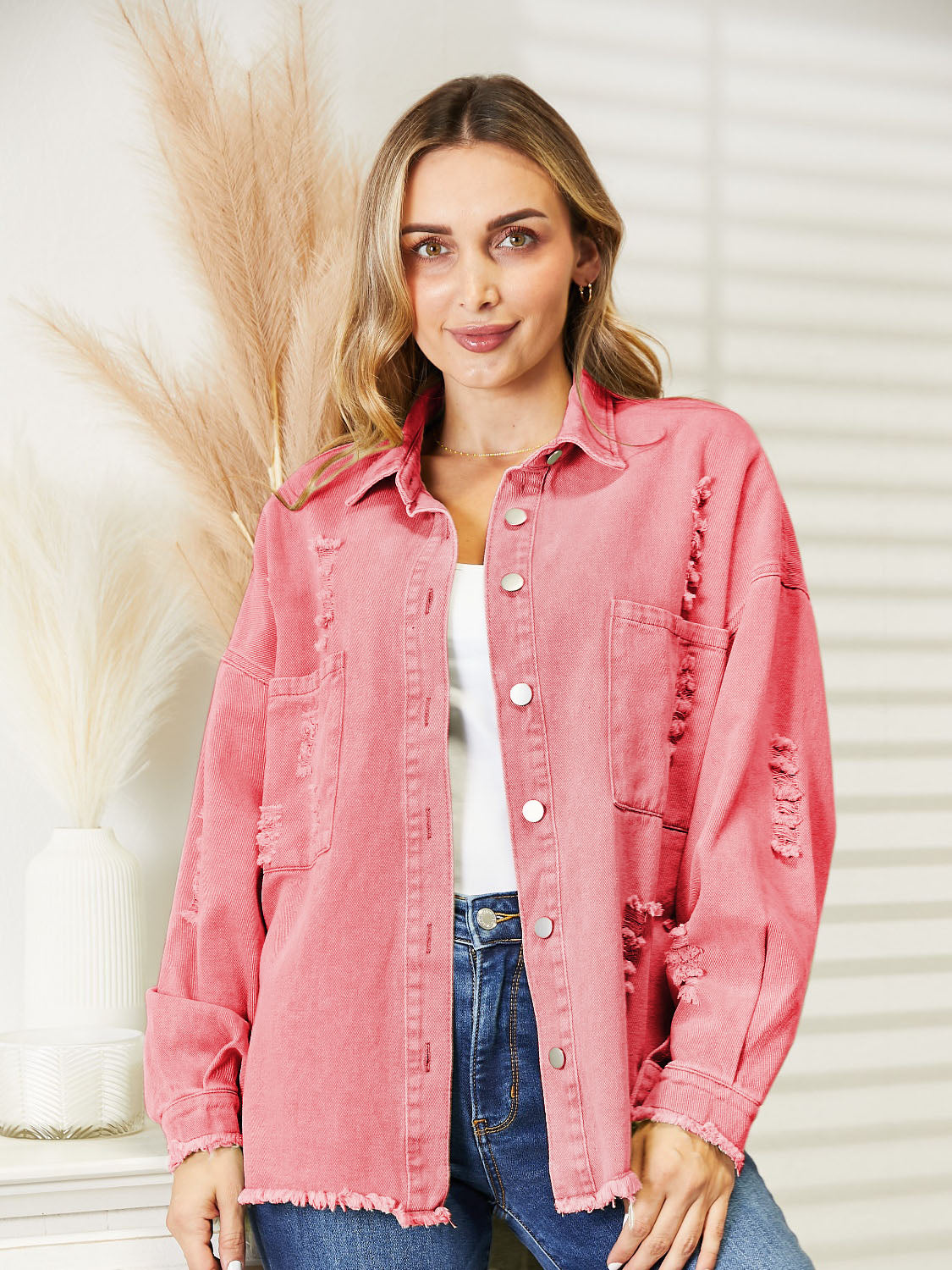 Distressed Raw Hem Denim Jacket – Trendsi | ClozArt
