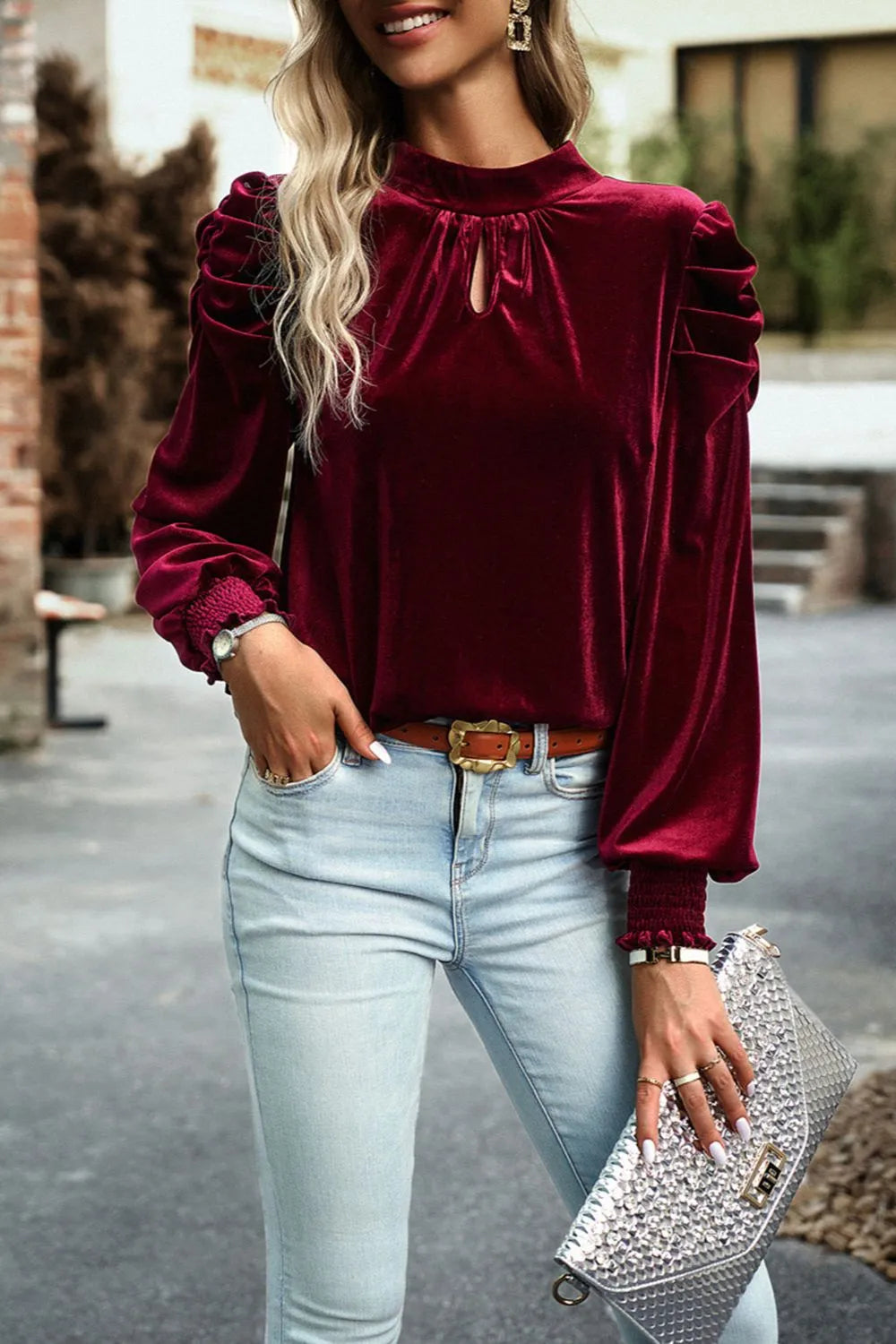 Tie Up Mock Neck Velvet Fabric Long Sleeve Blouse – Trendsi | ClozArt