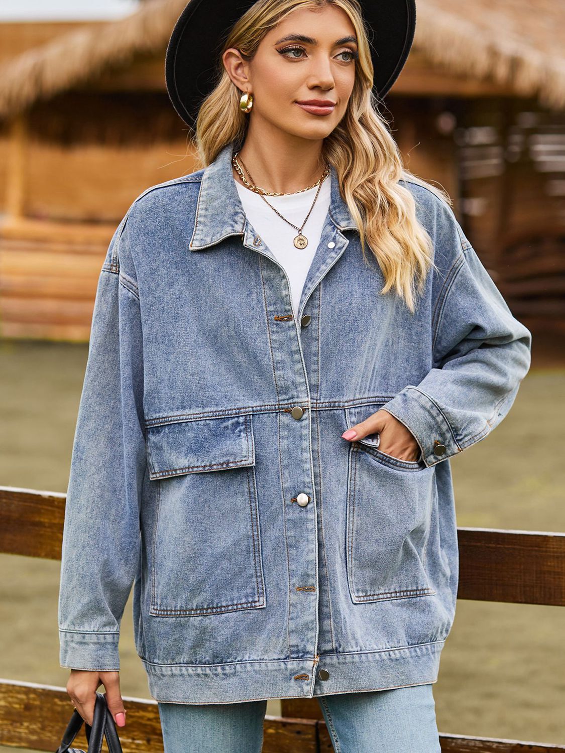 Dropped Shoulder Denim Jacket with Pockets – Trendsi | ClozArt