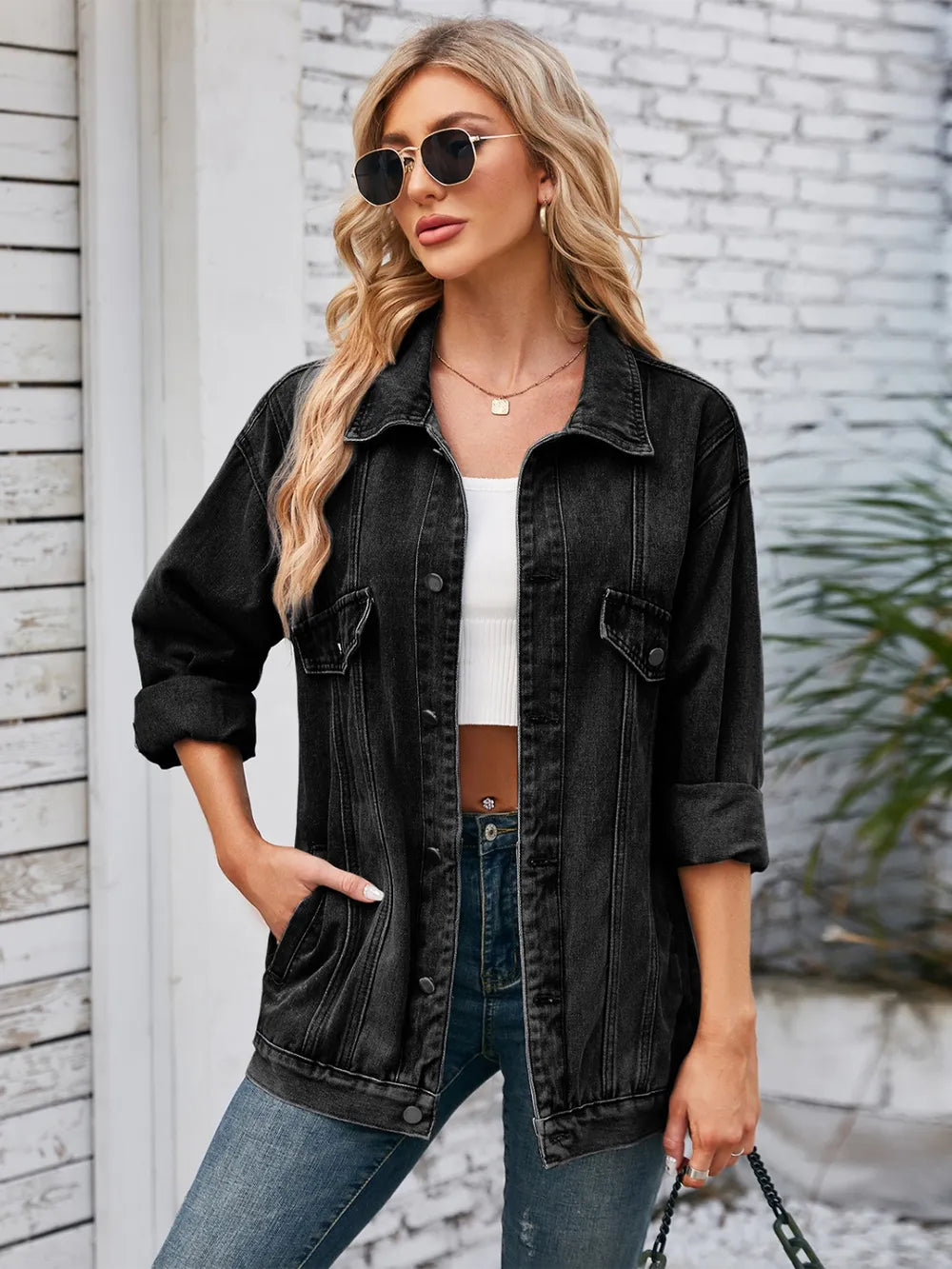 Button Up Long Sleeve Denim Jacket – Trendsi | ClozArt