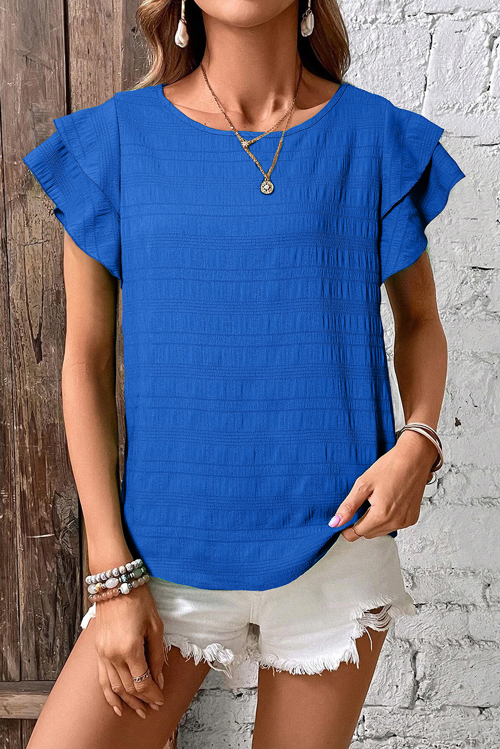 Dark Blue Ruffle Sleeve Textured Smocked Blouse – Shewin | ClozArt